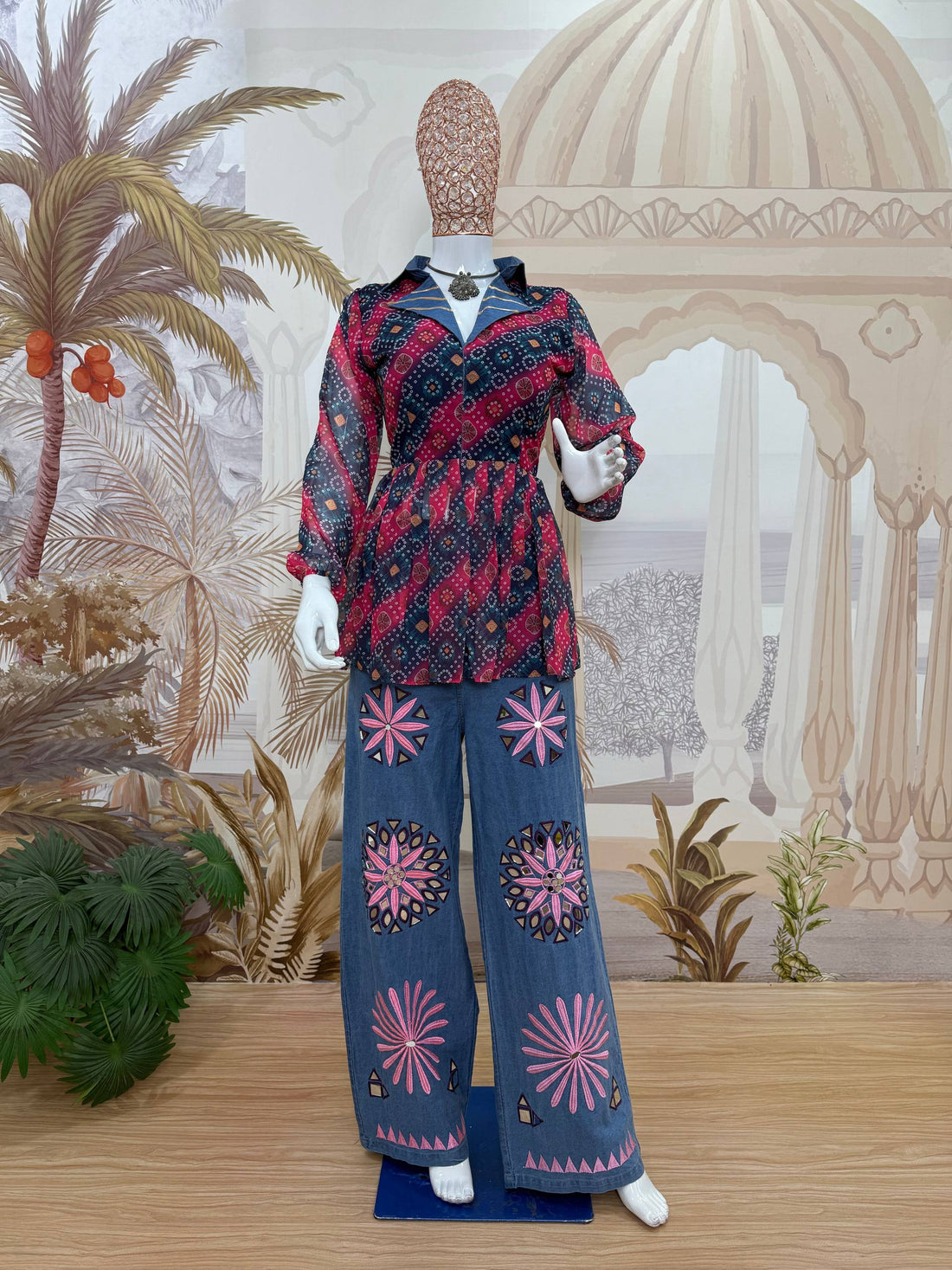 Women’s Printed Faux Georgette Kediya with Gota Lace & Embroidered High-Waist Denim Jeans
