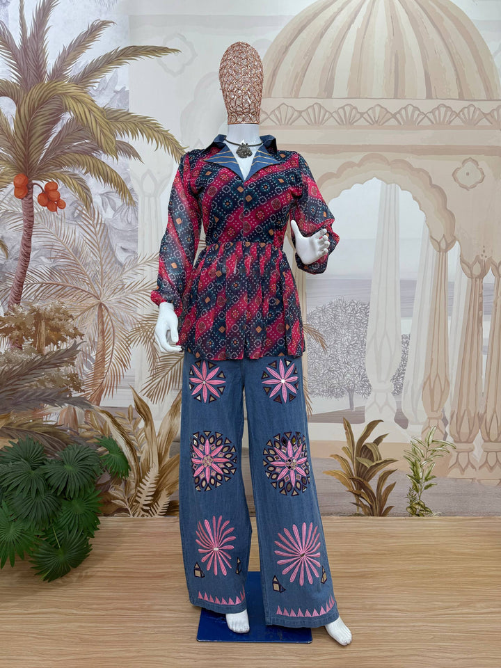 Women’s Printed Faux Georgette Kediya with Gota Lace & Embroidered High-Waist Denim Jeans