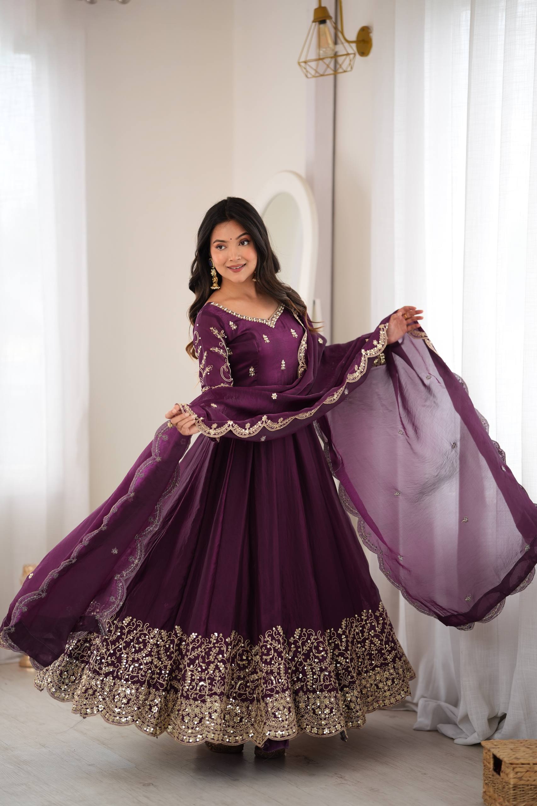Women’s Fendy Silk Gown Set with Coding Embroidery, Sequence Work & Dupatta