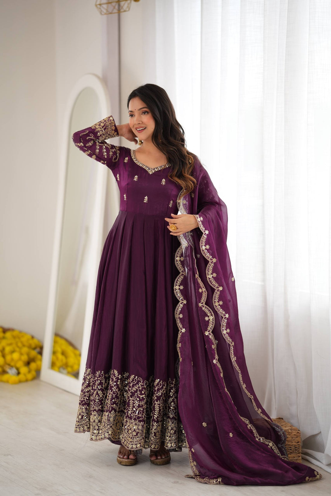 Women’s Fendy Silk Gown Set with Coding Embroidery, Sequence Work & Dupatta