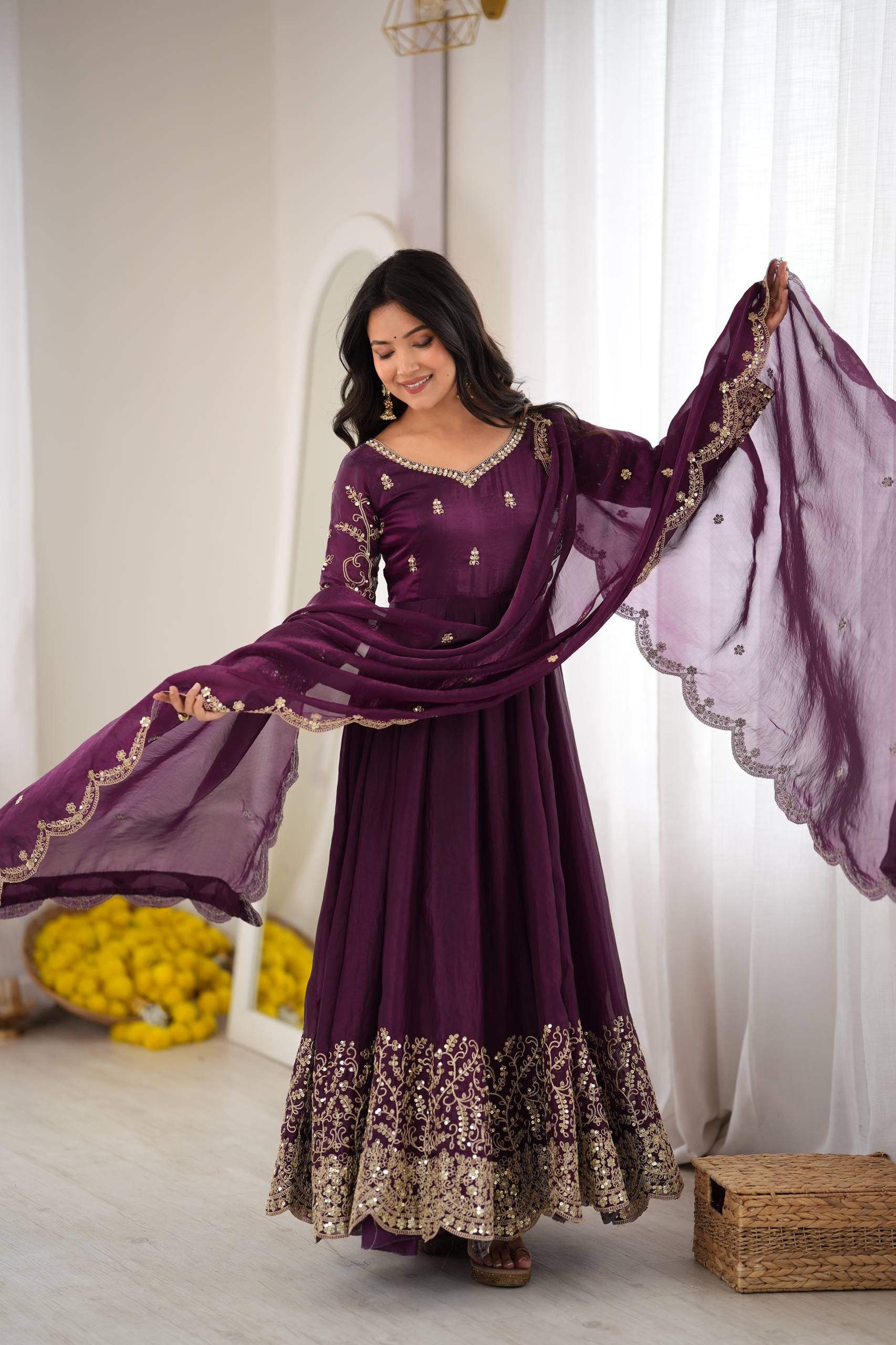 Women’s Fendy Silk Gown Set with Coding Embroidery, Sequence Work & Dupatta