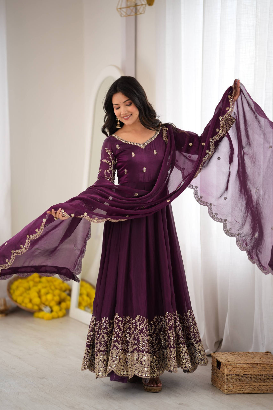 Women’s Fendy Silk Gown Set with Coding Embroidery, Sequence Work & Dupatta