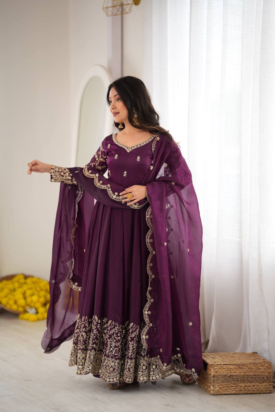 Women’s Fendy Silk Gown Set with Coding Embroidery, Sequence Work & Dupatta