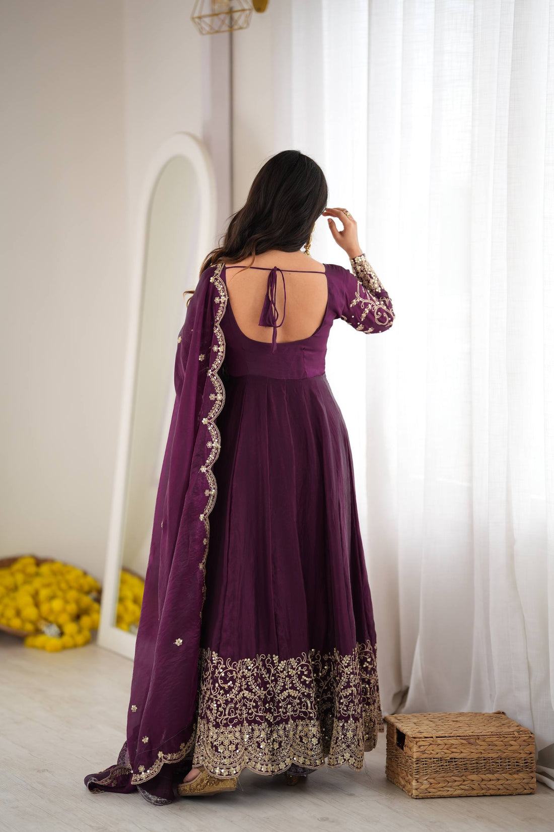 Women’s Fendy Silk Gown Set with Coding Embroidery, Sequence Work & Dupatta