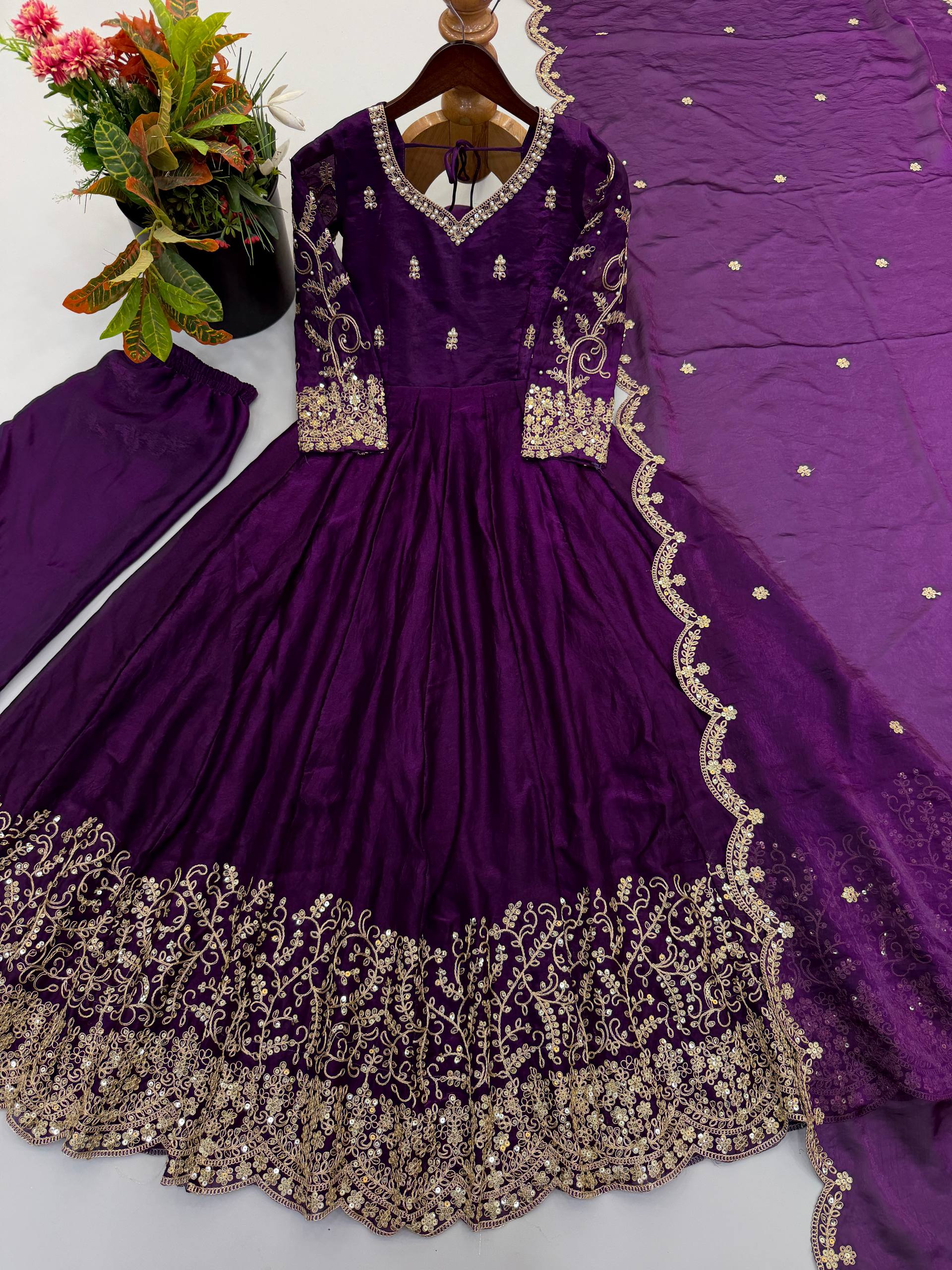 Women’s Fendy Silk Gown Set with Coding Embroidery, Sequence Work & Dupatta