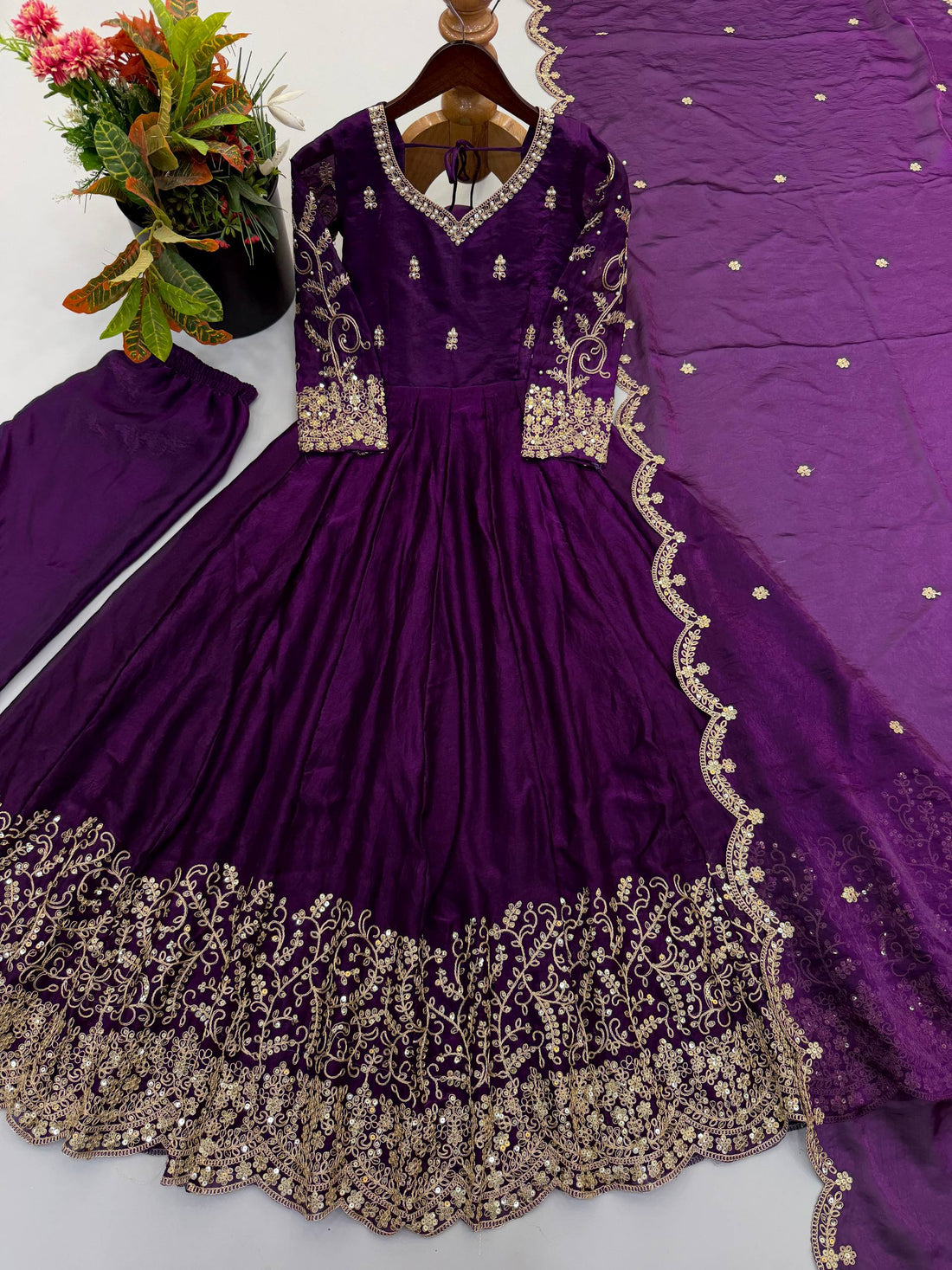 Women’s Fendy Silk Gown Set with Coding Embroidery, Sequence Work & Dupatta