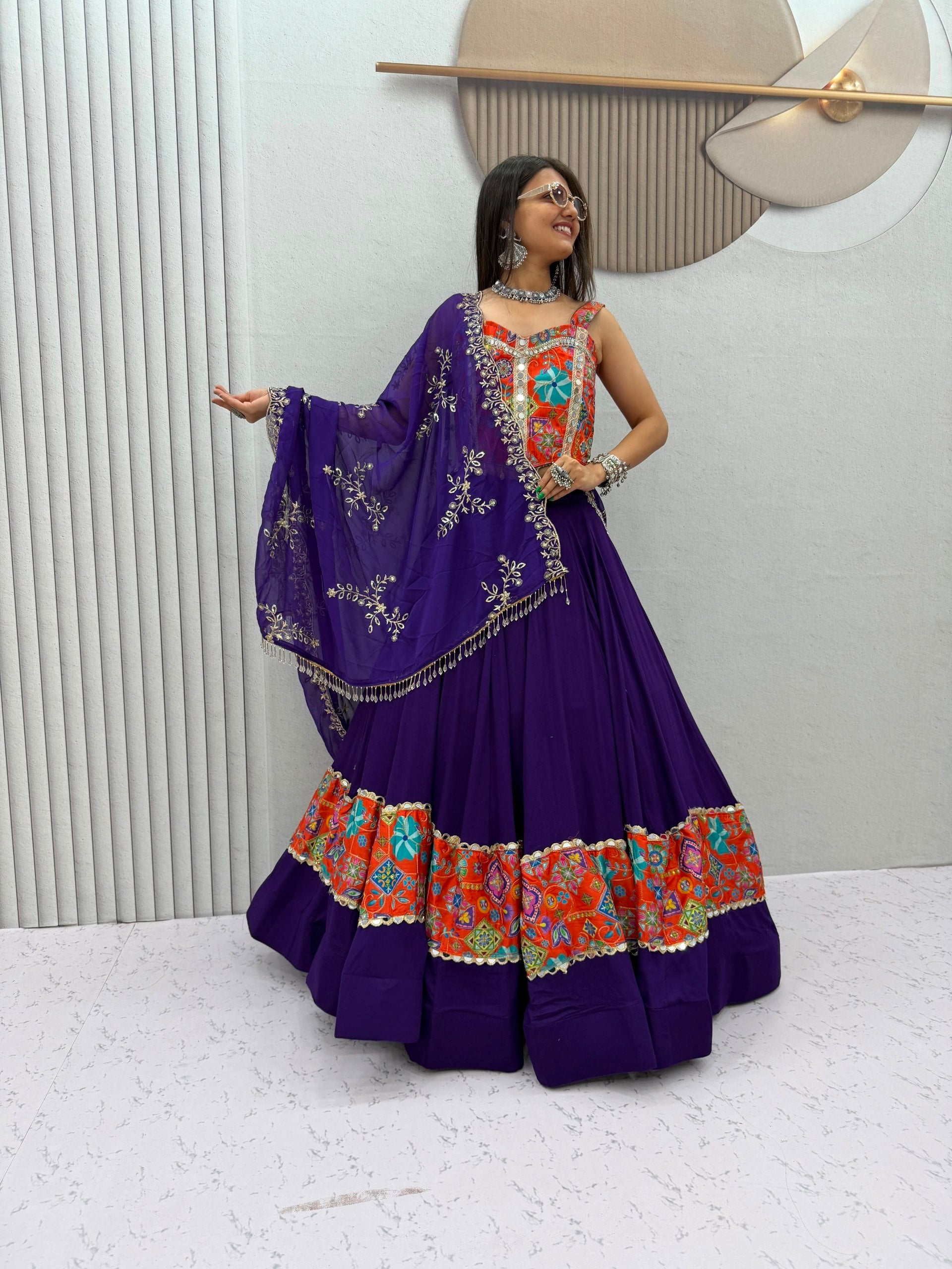Women’s Silk Mirror Work Choli with Cotton Lehenga & Embroidered Georgette Dupatta