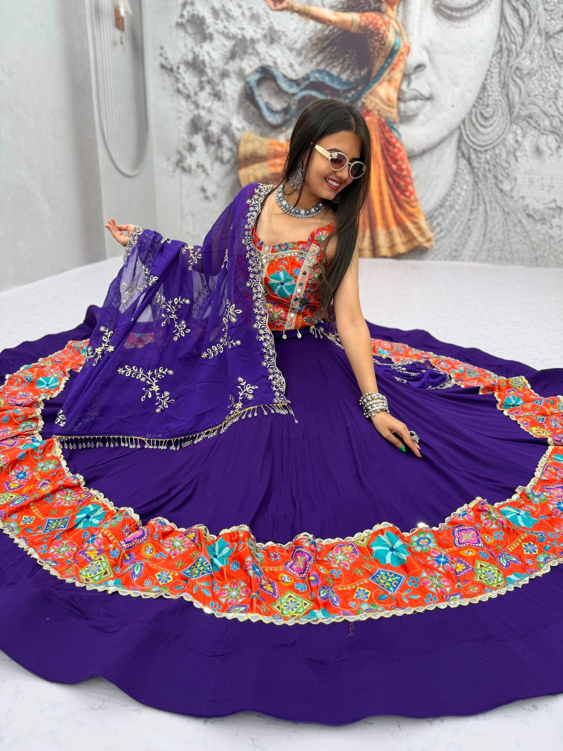 Women’s Silk Mirror Work Choli with Cotton Lehenga & Embroidered Georgette Dupatta