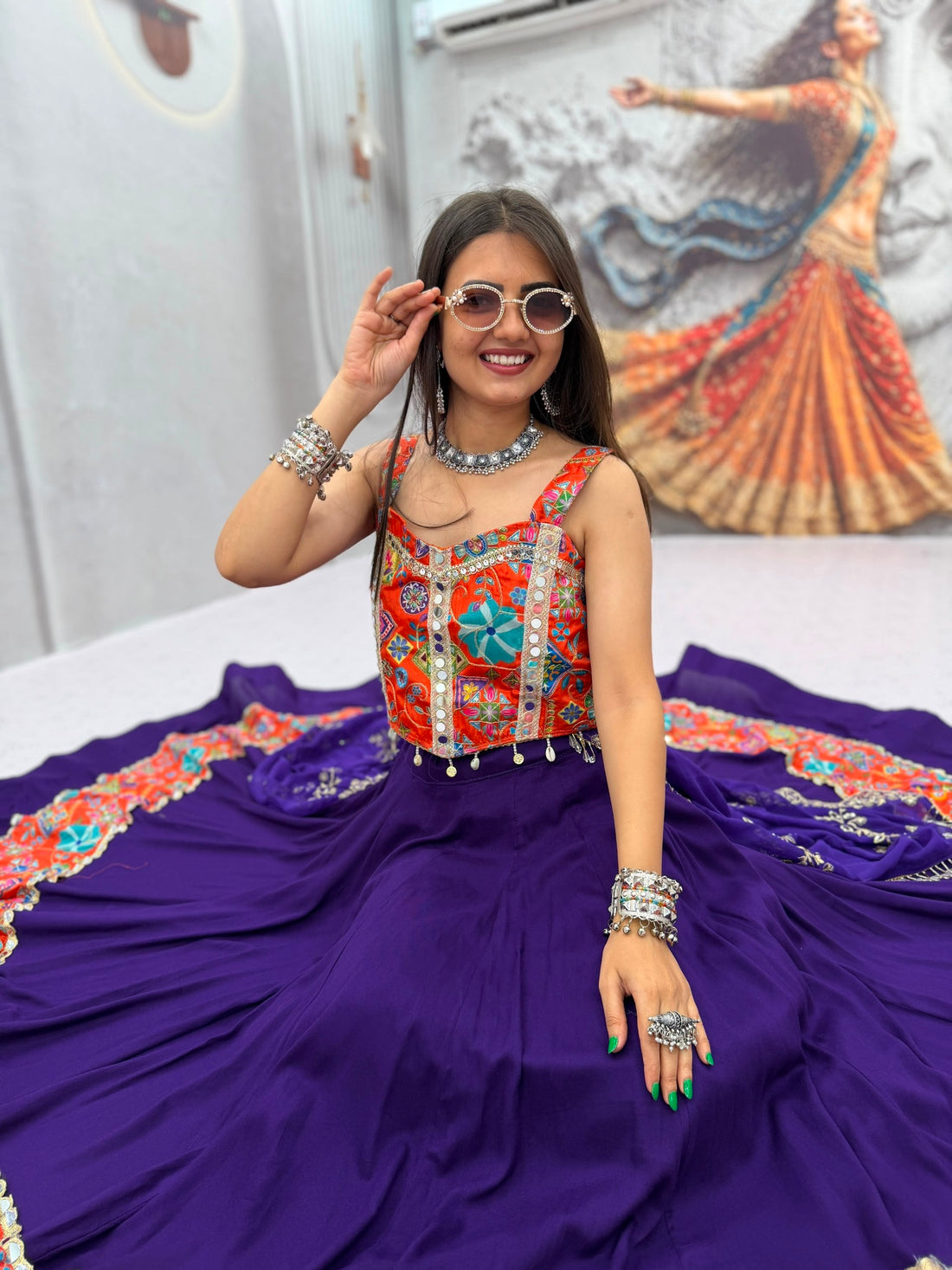 Women’s Silk Mirror Work Choli with Cotton Lehenga & Embroidered Georgette Dupatta