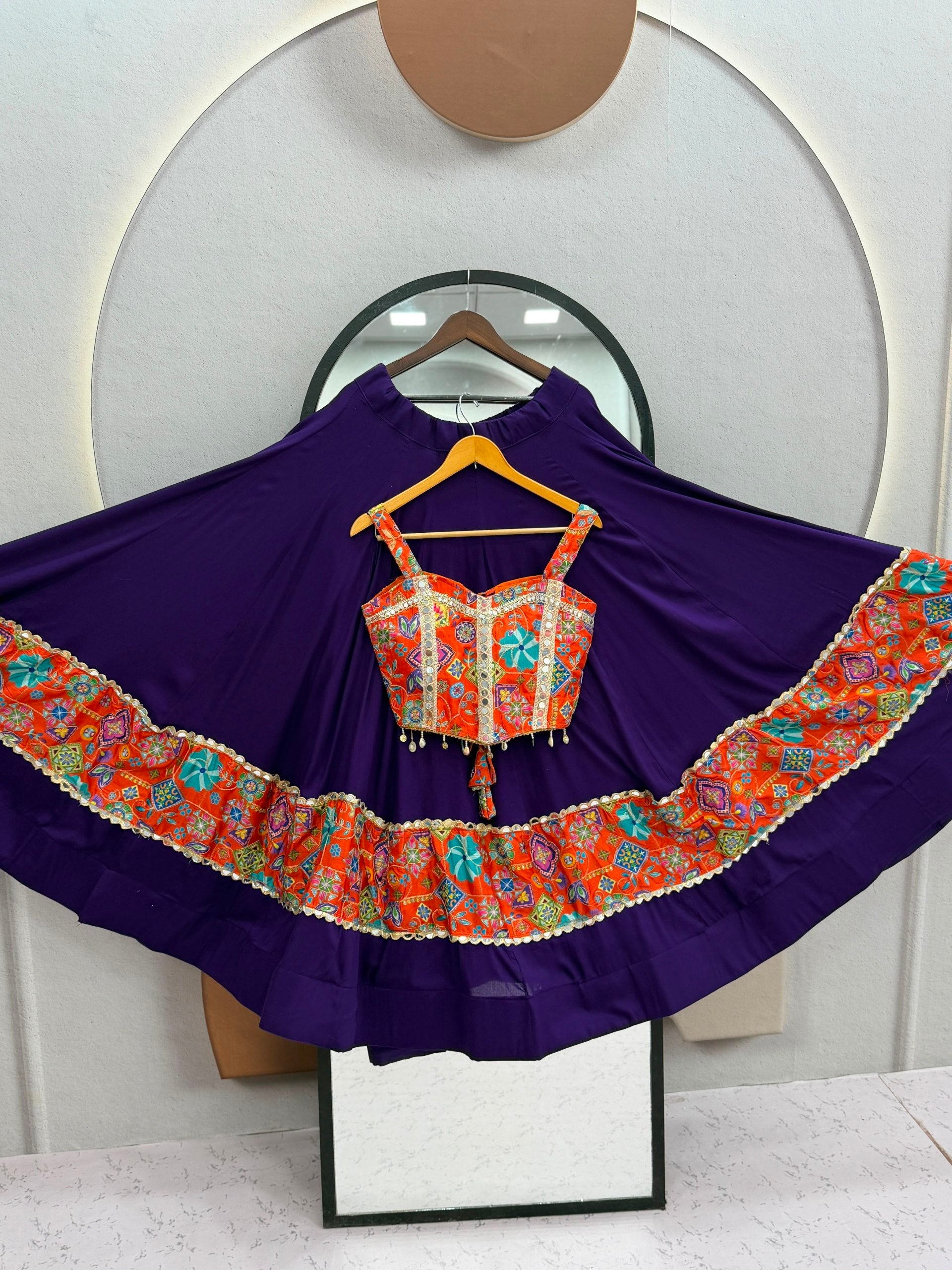Women’s Silk Mirror Work Choli with Cotton Lehenga & Embroidered Georgette Dupatta