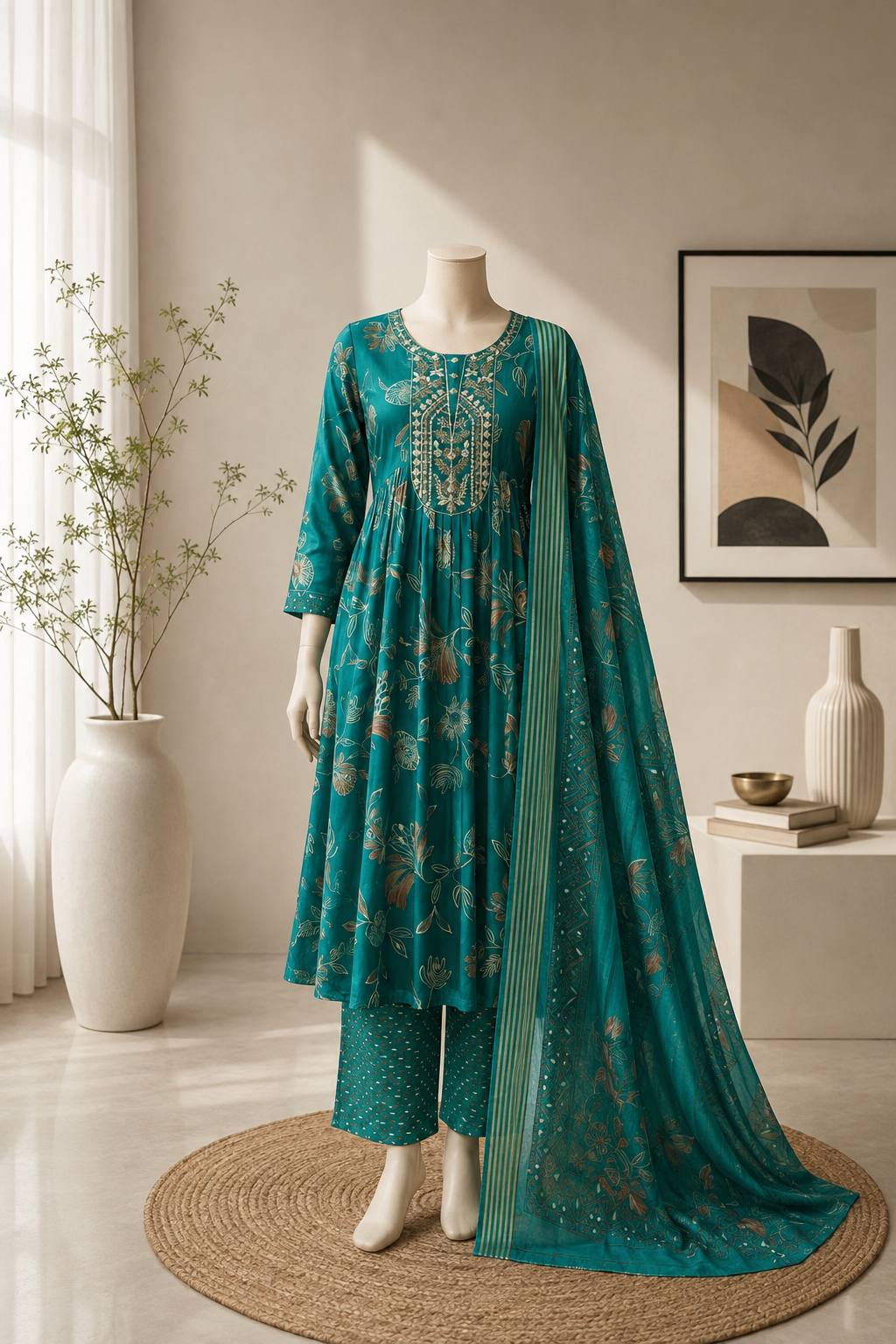 Elegant Muslin Suit Set with Embroidery & Dupatta