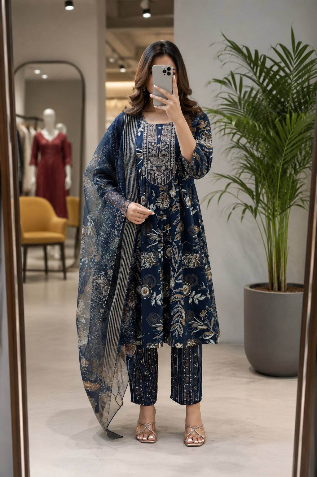 Women’s Muslin Embroidered Suit Set with Printed Dupatta