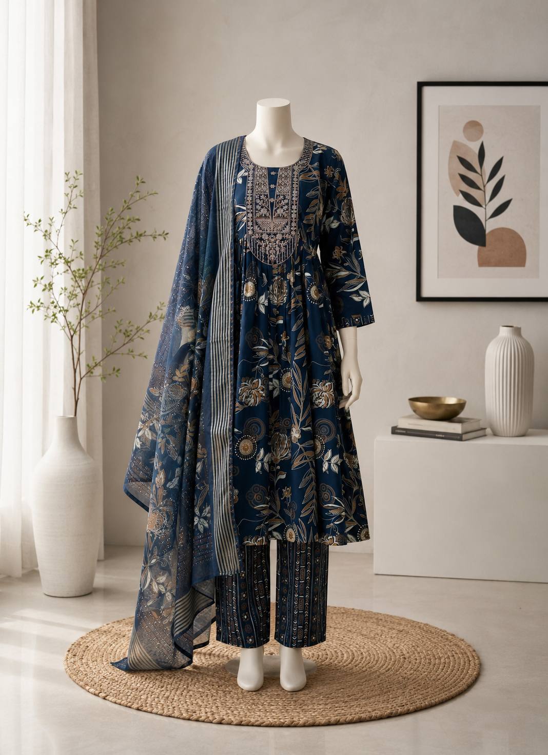 Women’s Muslin Embroidered Suit Set with Printed Dupatta