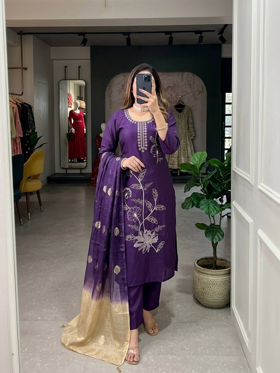 Women’s Roman Silk Embroidered Suit Set with Pocket Bottom