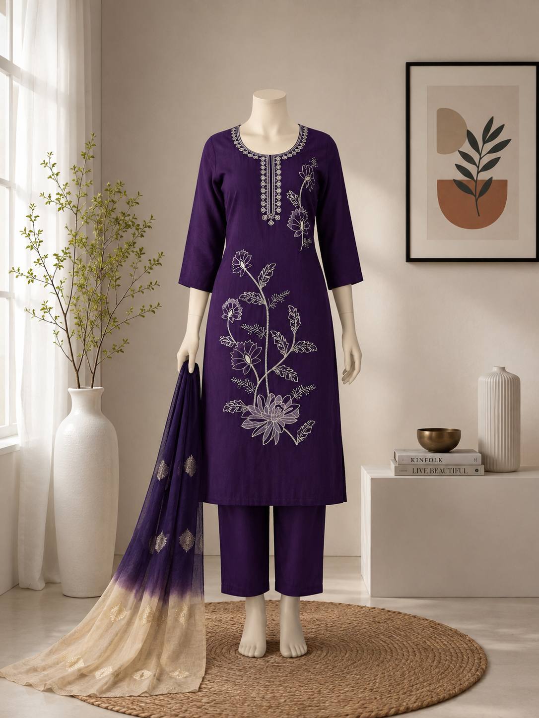 Women’s Roman Silk Embroidered Suit Set with Pocket Bottom