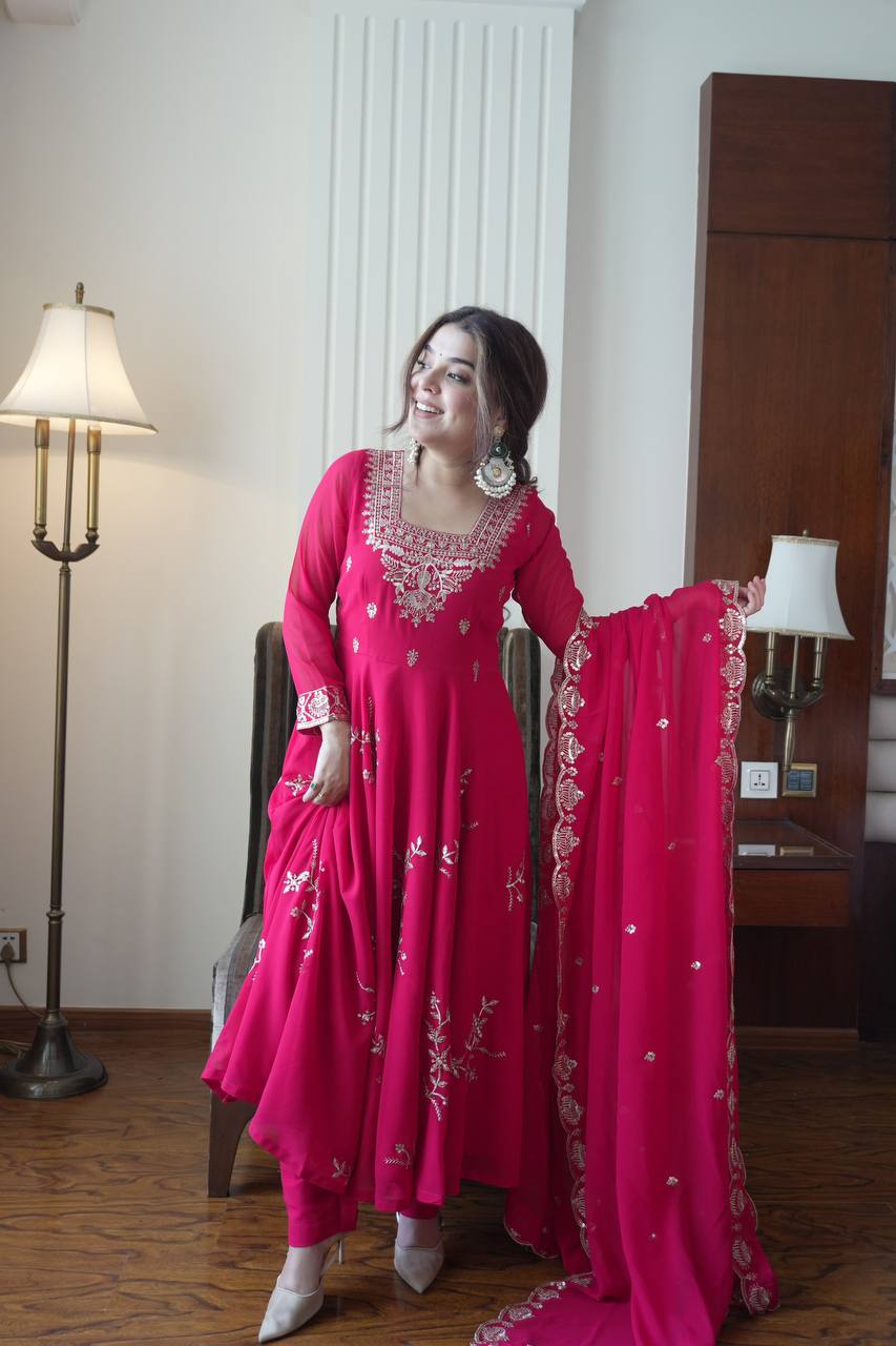Women’s Fox Georgette Embroidered Kurti Pant Set with Sequence Work & Dupatta