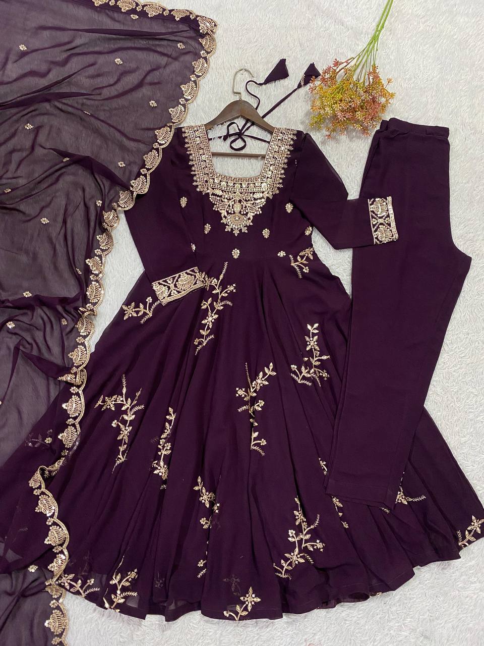 Women’s Fox Georgette Embroidered Kurti Pant Set with Sequence Work & Dupatta