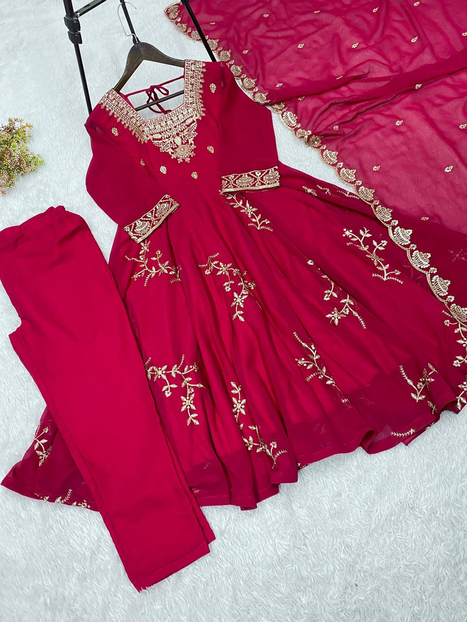 Women’s Fox Georgette Embroidered Kurti Pant Set with Sequence Work & Dupatta