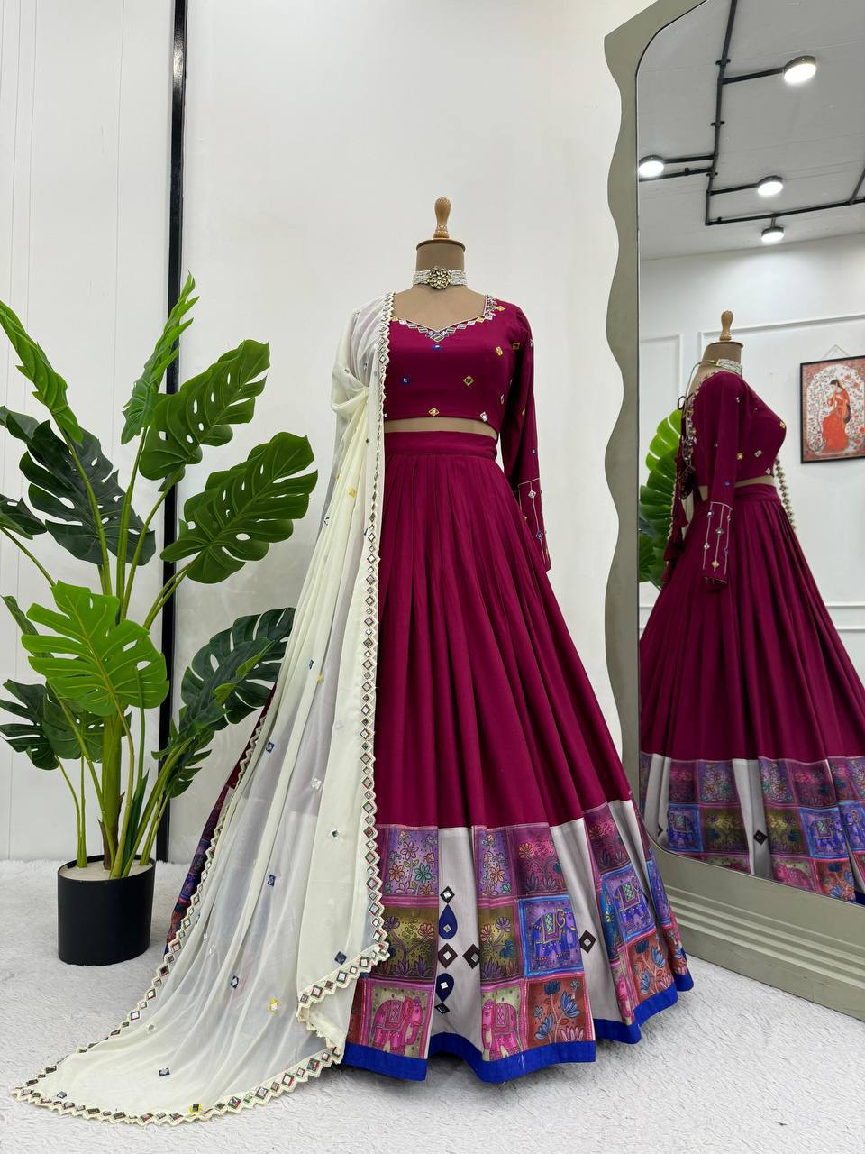 Women’s Rayon Semi-Stitched Lehenga Choli with Digital Print & Real Mirror Work