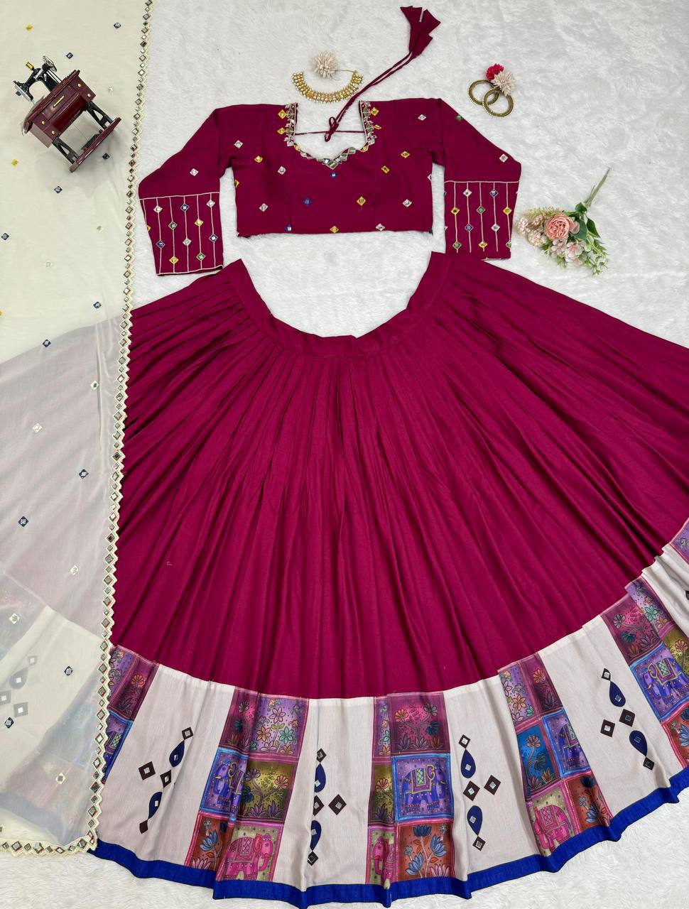 Women’s Rayon Semi-Stitched Lehenga Choli with Digital Print & Real Mirror Work
