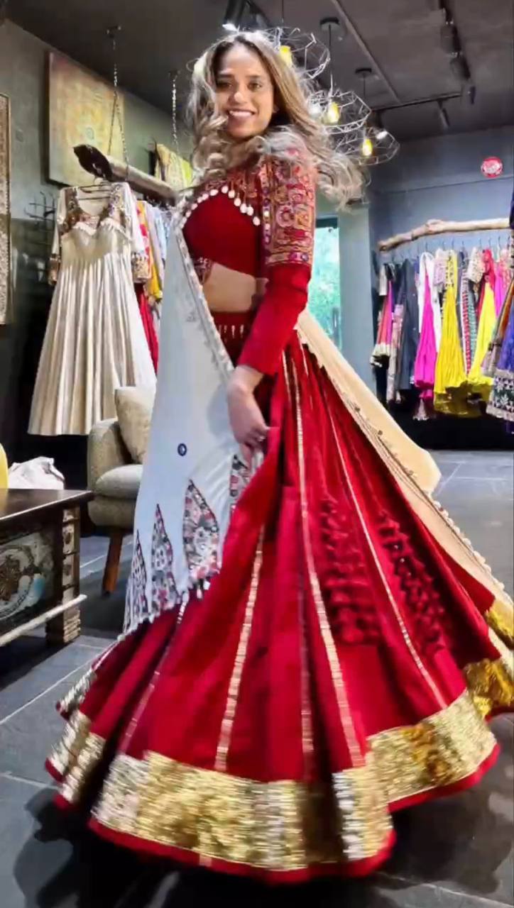 Women’s Reyon Silk Semi-Stitched Lehenga Choli with Real Mirror & Chain Stitch Work