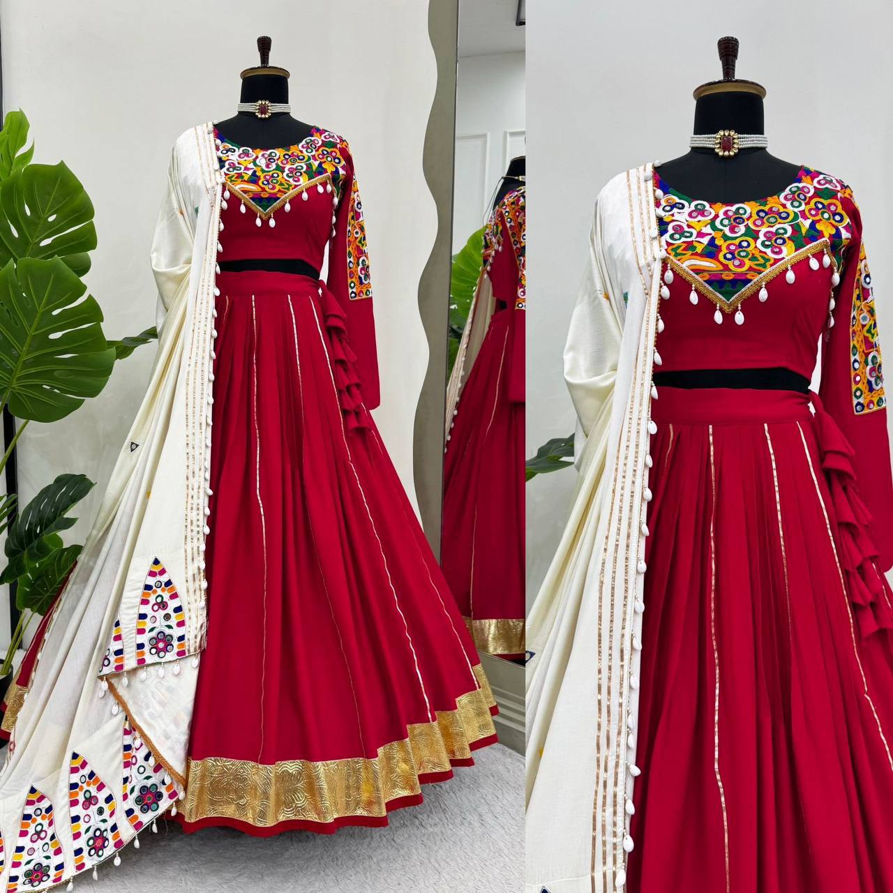 Women’s Reyon Silk Semi-Stitched Lehenga Choli with Real Mirror & Chain Stitch Work