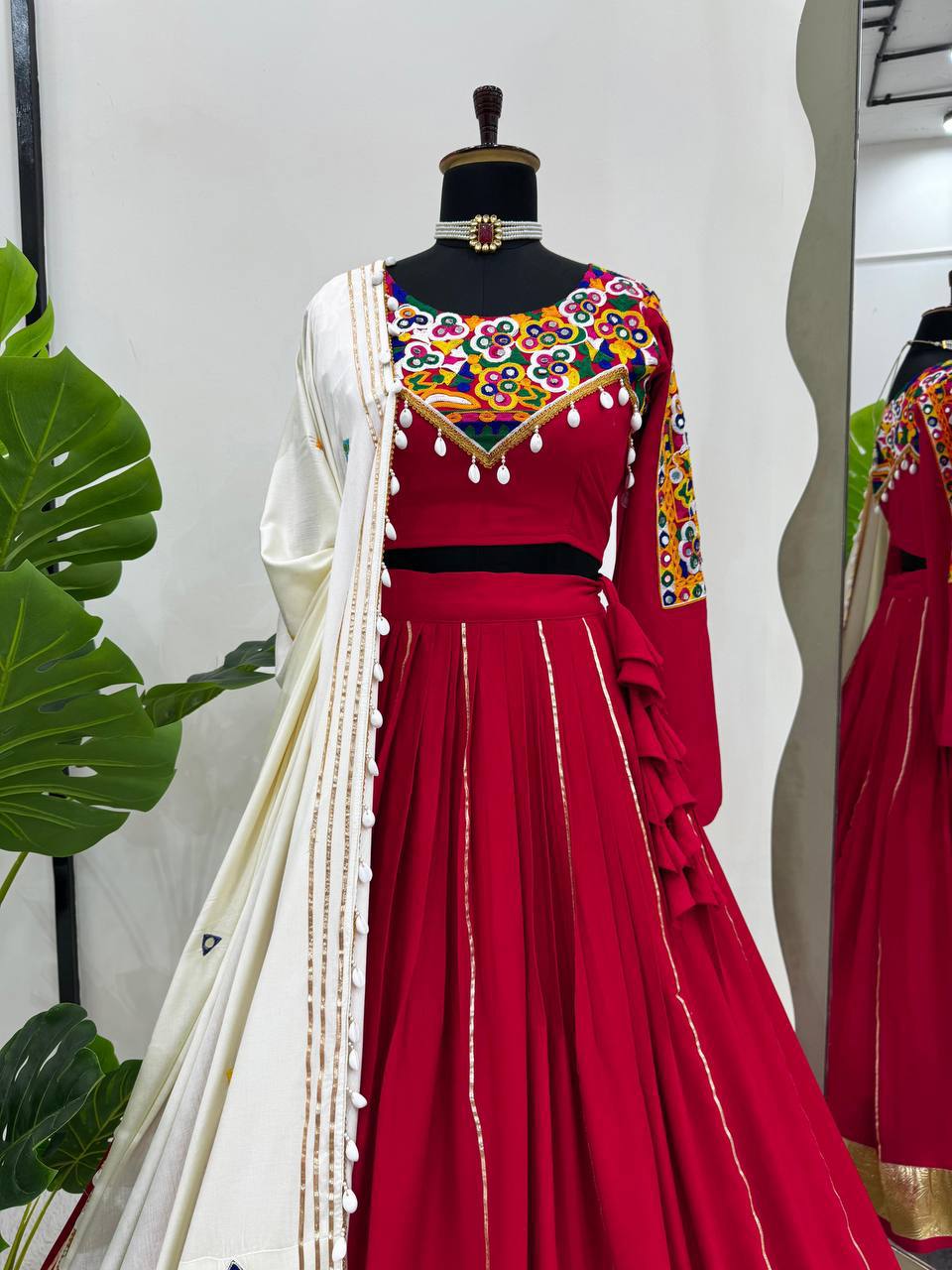 Women’s Reyon Silk Semi-Stitched Lehenga Choli with Real Mirror & Chain Stitch Work