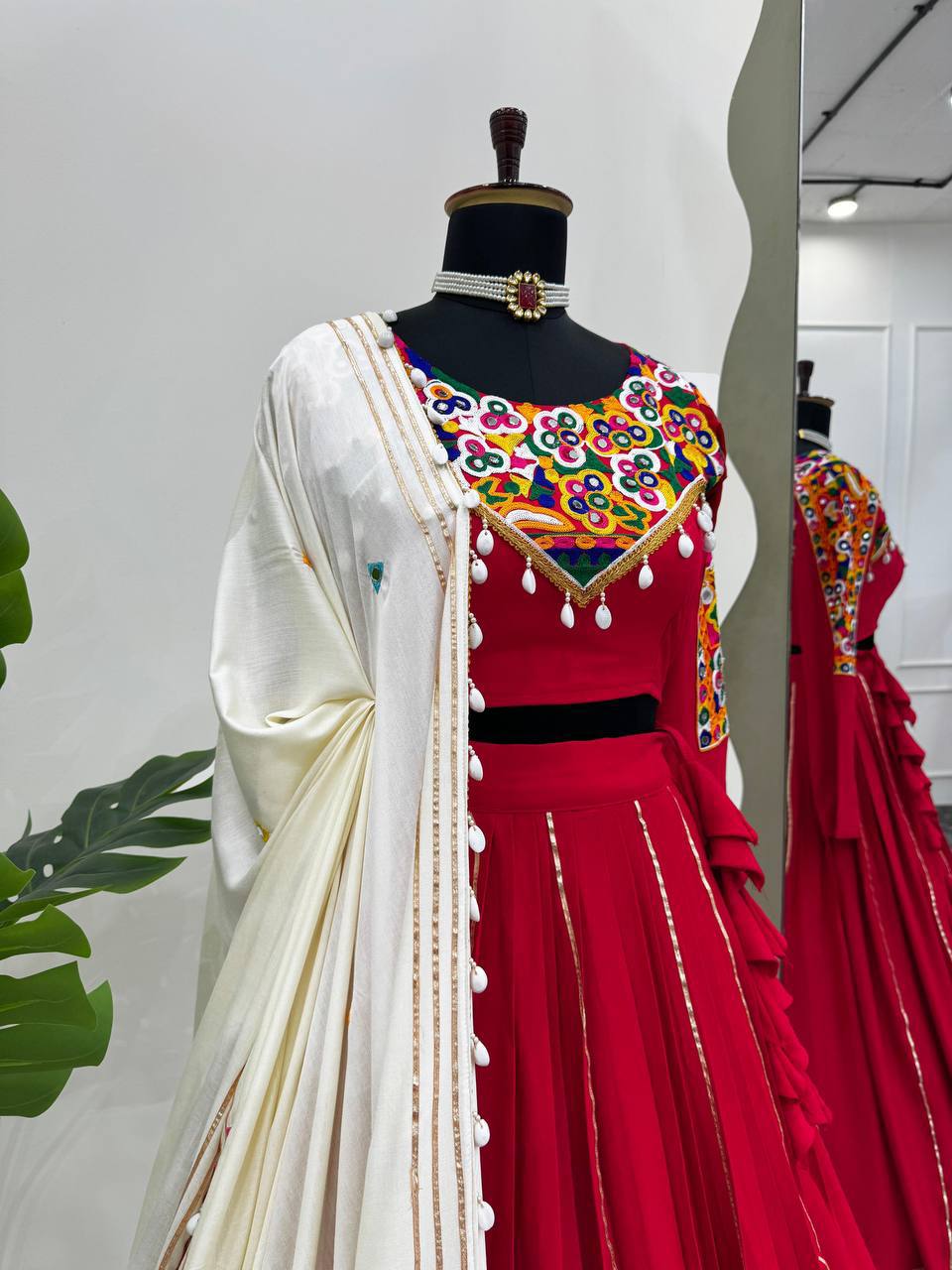Women’s Reyon Silk Semi-Stitched Lehenga Choli with Real Mirror & Chain Stitch Work
