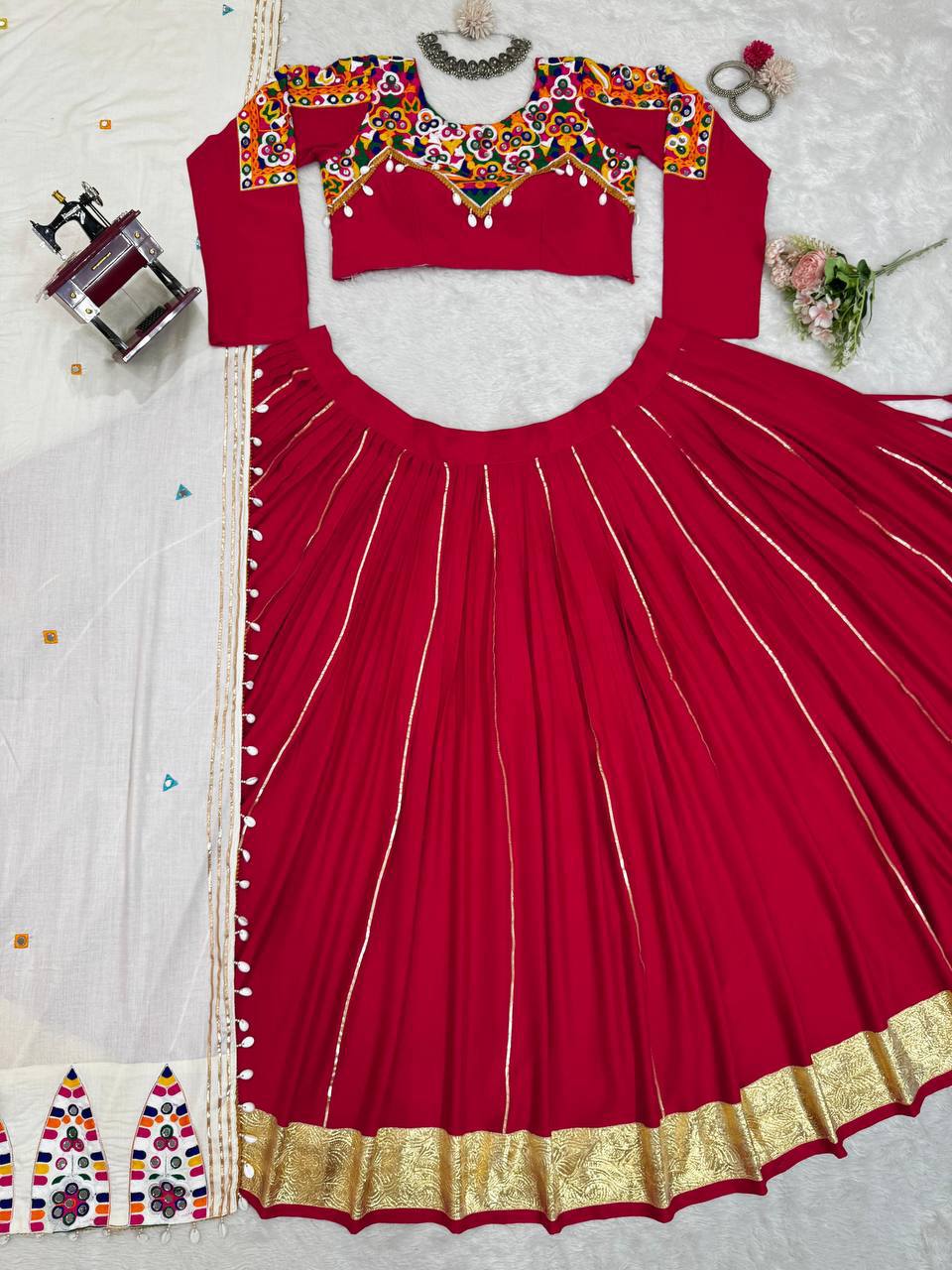 Women’s Reyon Silk Semi-Stitched Lehenga Choli with Real Mirror & Chain Stitch Work