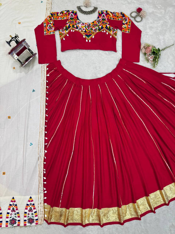 Women’s Reyon Silk Semi-Stitched Lehenga Choli with Real Mirror & Chain Stitch Work