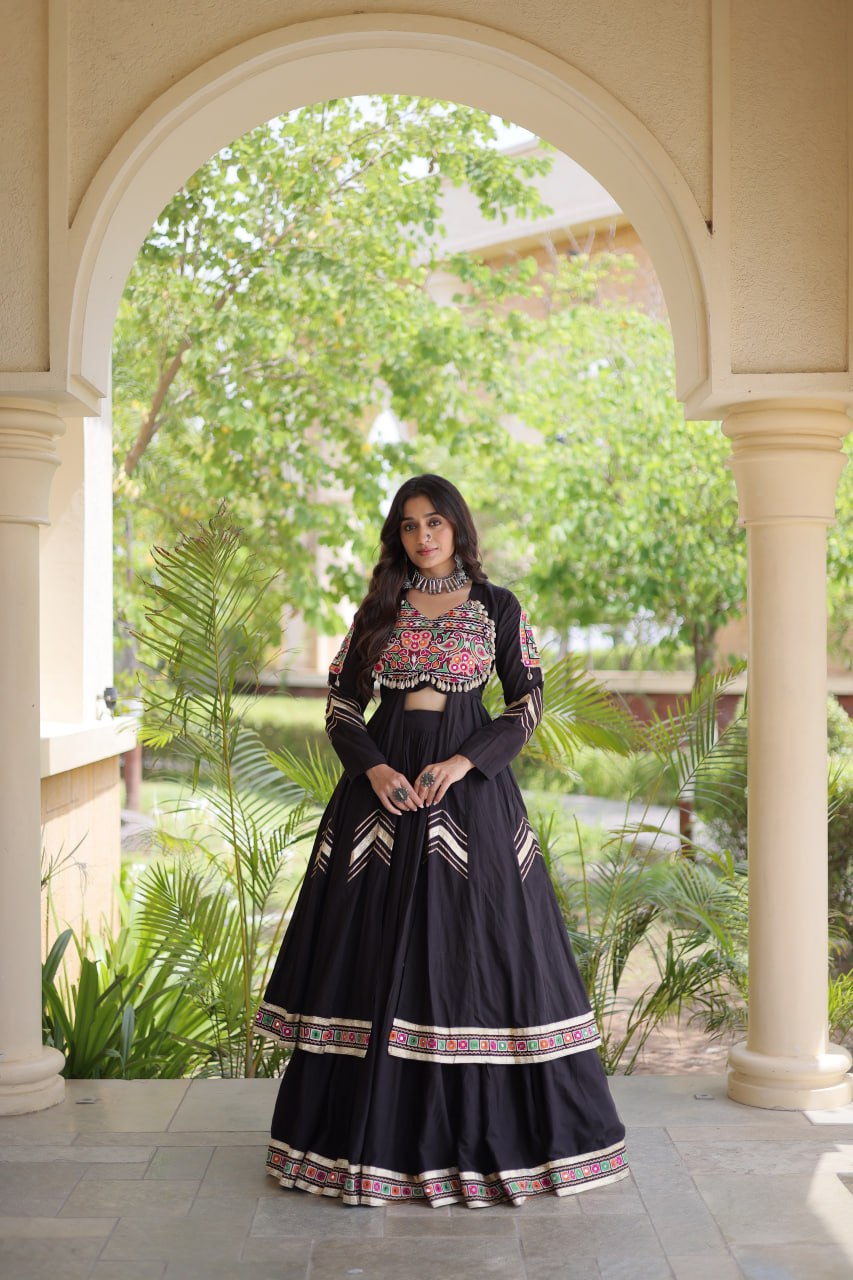 Women’s Kora Cotton Gamthi Lehenga with Gota Patti & Real Mirror Work Shrug