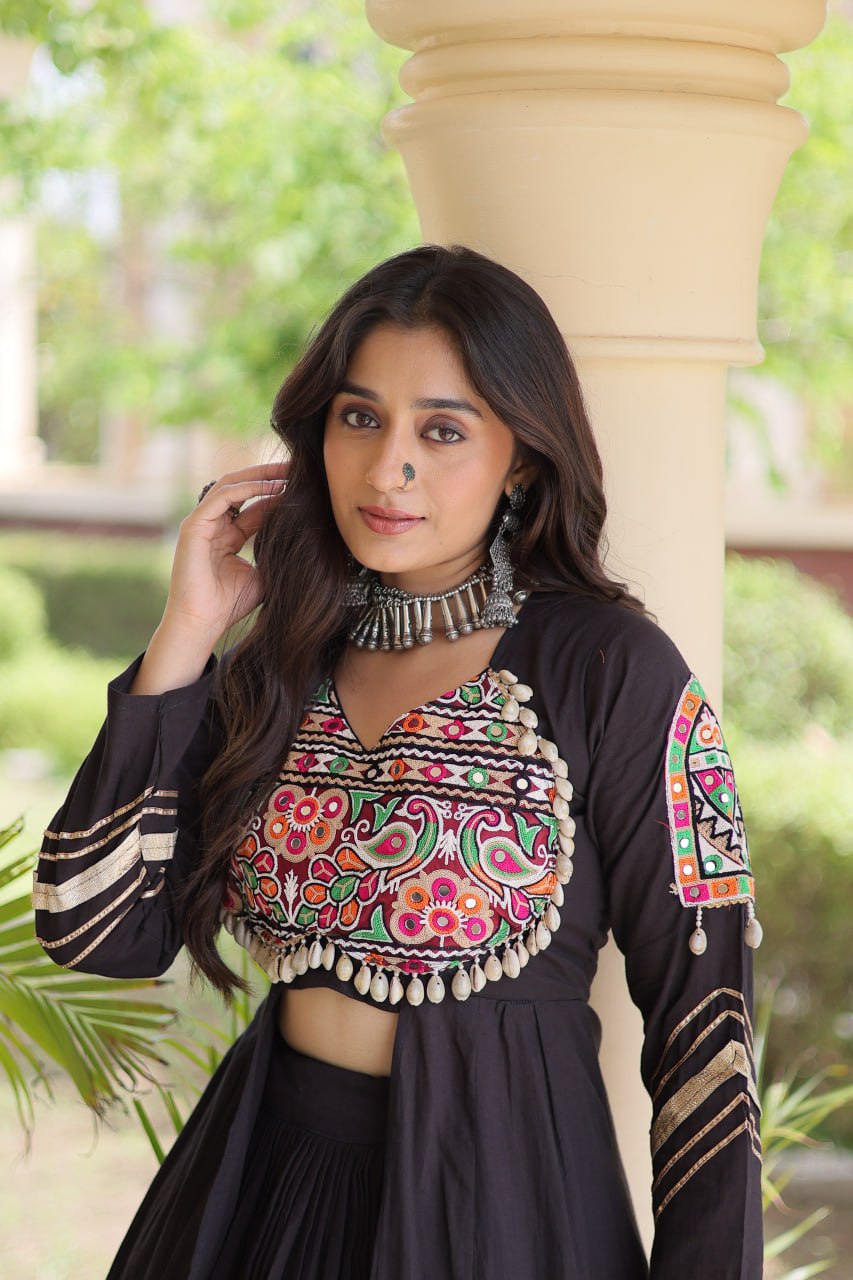 Women’s Kora Cotton Gamthi Lehenga with Gota Patti & Real Mirror Work Shrug