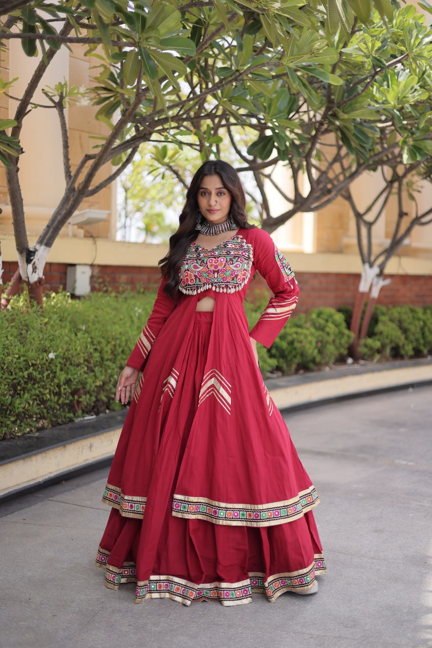 Women’s Kora Cotton Gamthi Lehenga with Gota Patti & Real Mirror Work Shrug