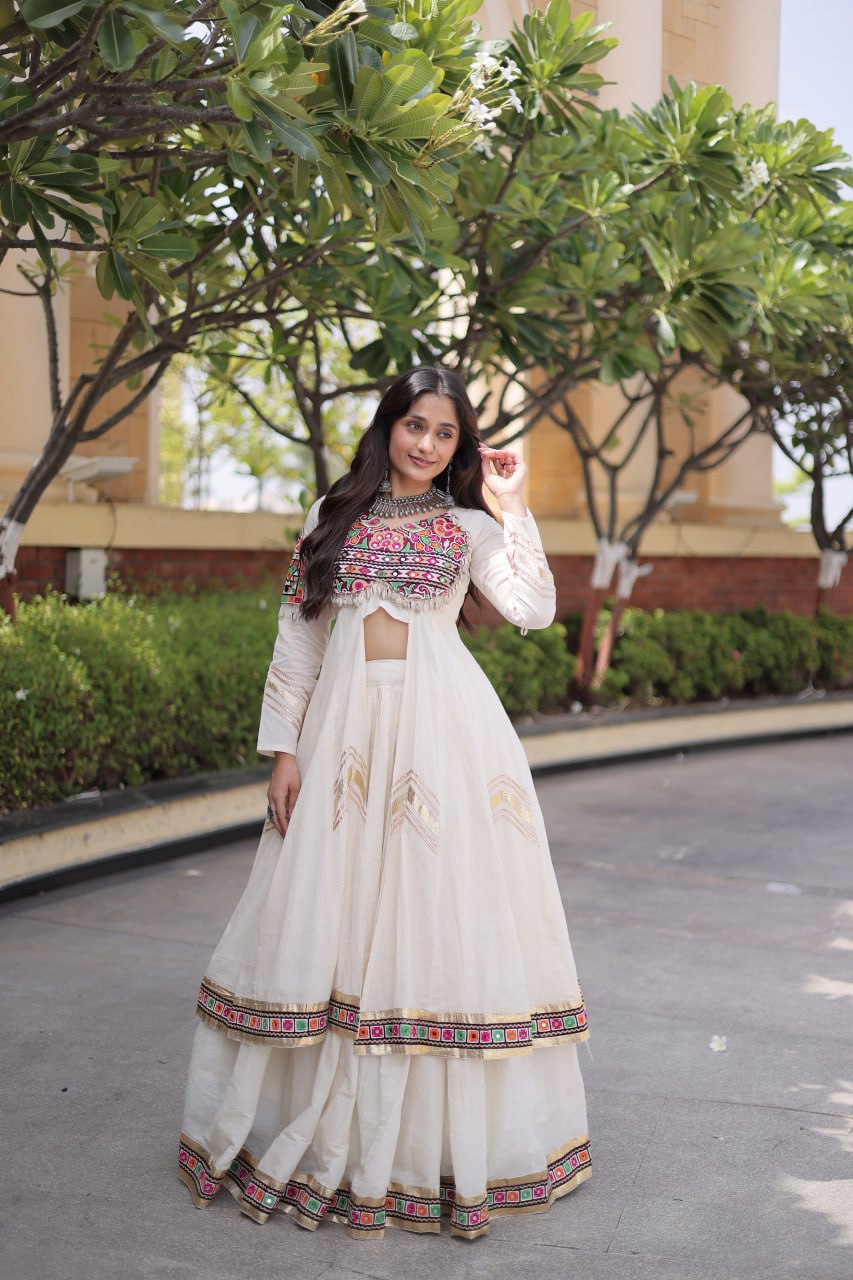 Women’s Kora Cotton Gamthi Lehenga with Gota Patti & Real Mirror Work Shrug