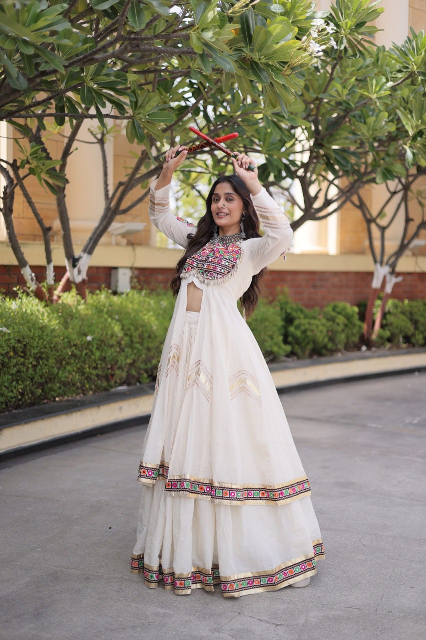 Women’s Kora Cotton Gamthi Lehenga with Gota Patti & Real Mirror Work Shrug