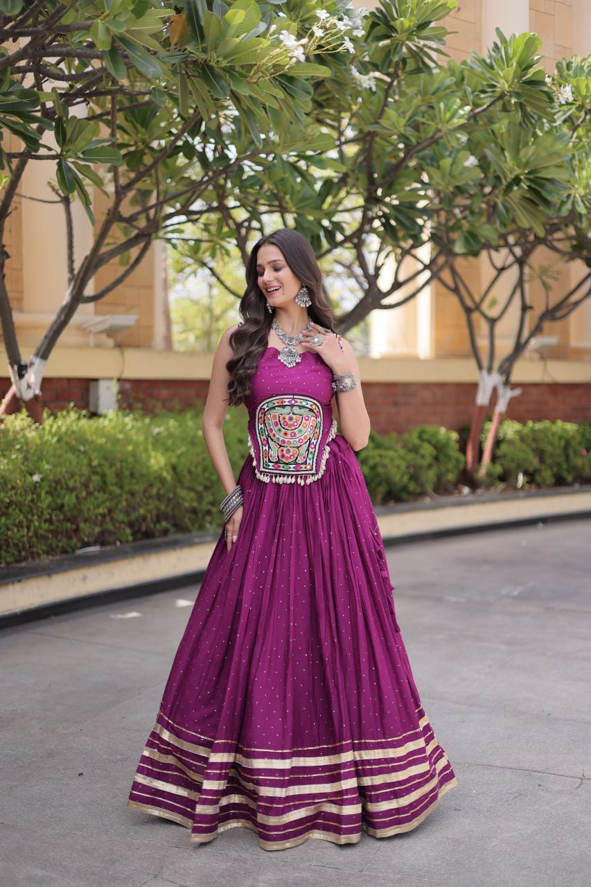 Women’s  Rayon Lehenga with Mukesh & Gamthi Mirror Work Blouse