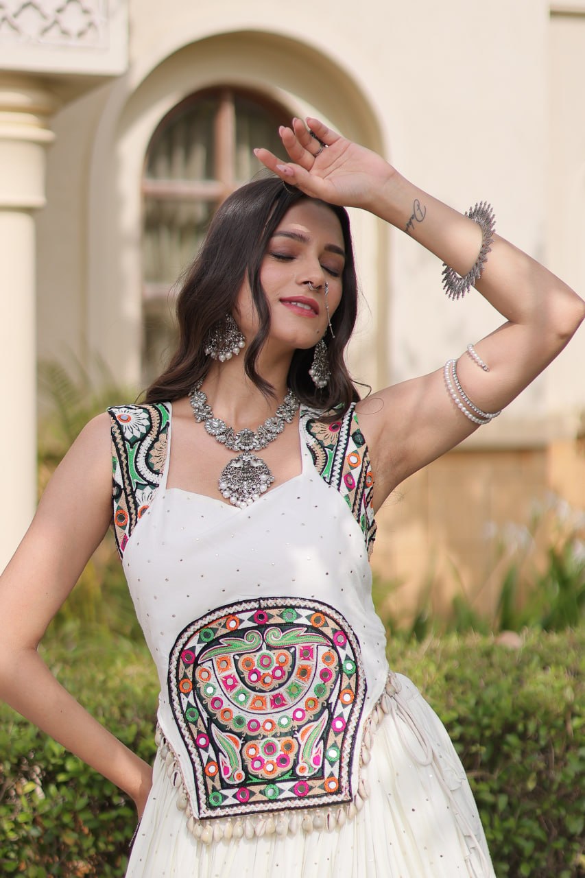 Women’s  Rayon Lehenga with Mukesh & Gamthi Mirror Work Blouse