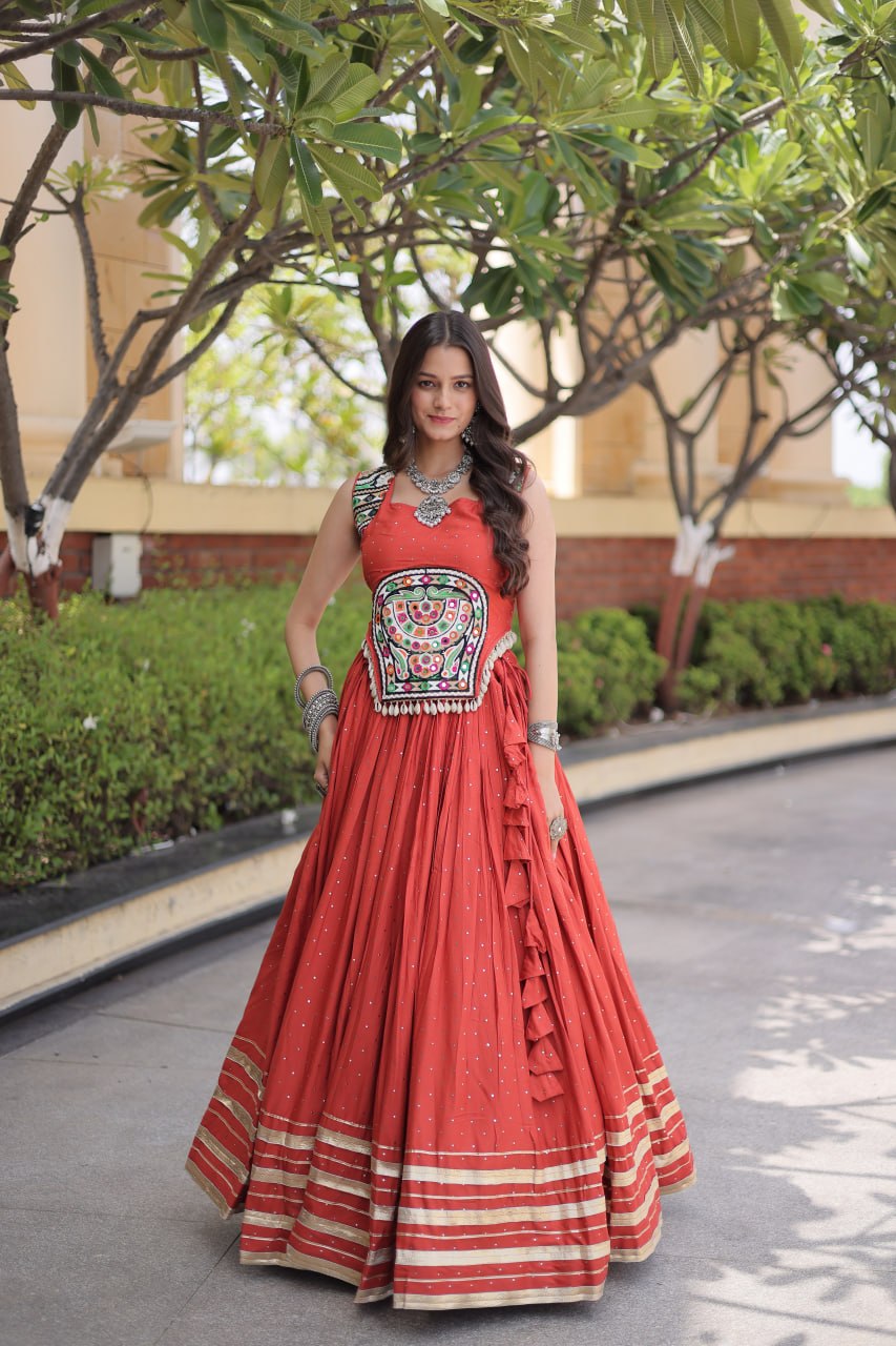 Women’s  Rayon Lehenga with Mukesh & Gamthi Mirror Work Blouse