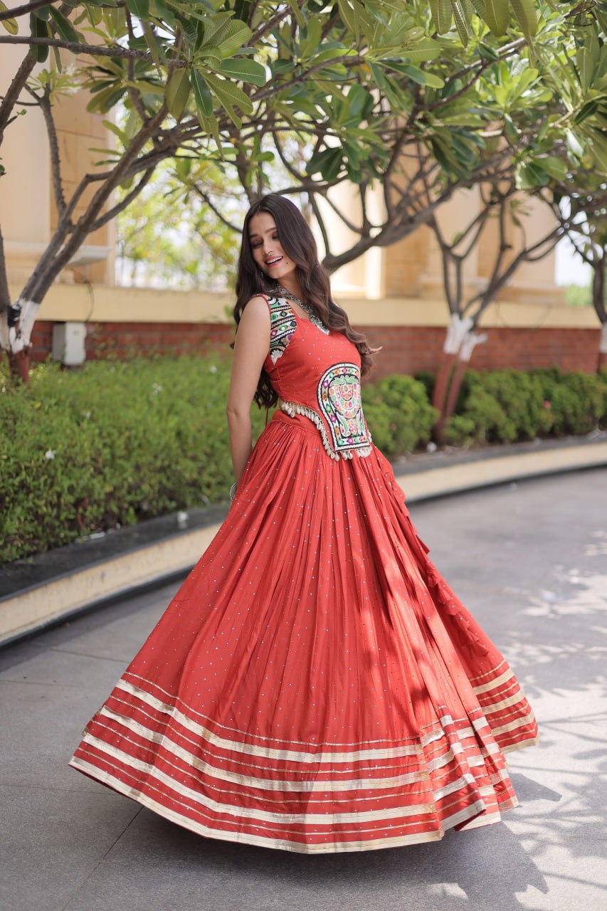 Women’s  Rayon Lehenga with Mukesh & Gamthi Mirror Work Blouse