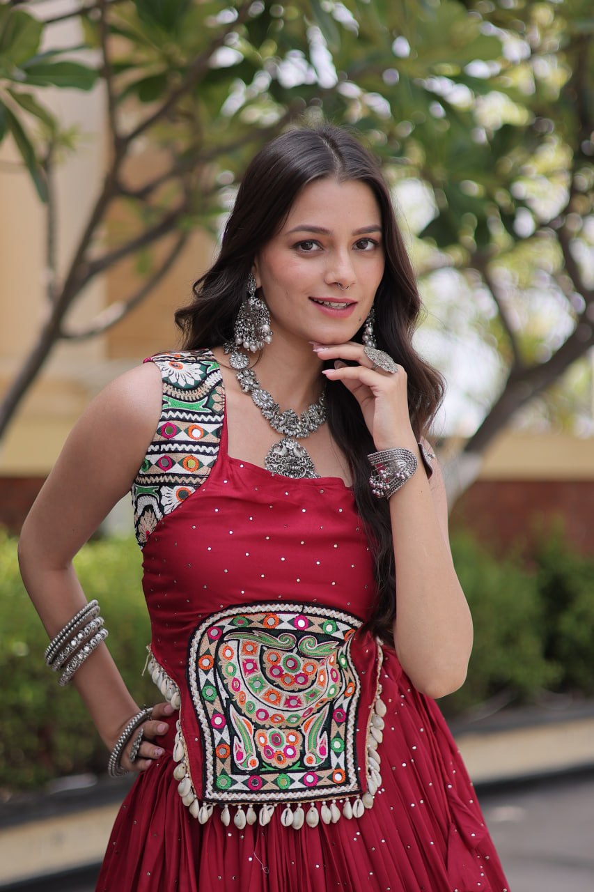 Women’s  Rayon Lehenga with Mukesh & Gamthi Mirror Work Blouse