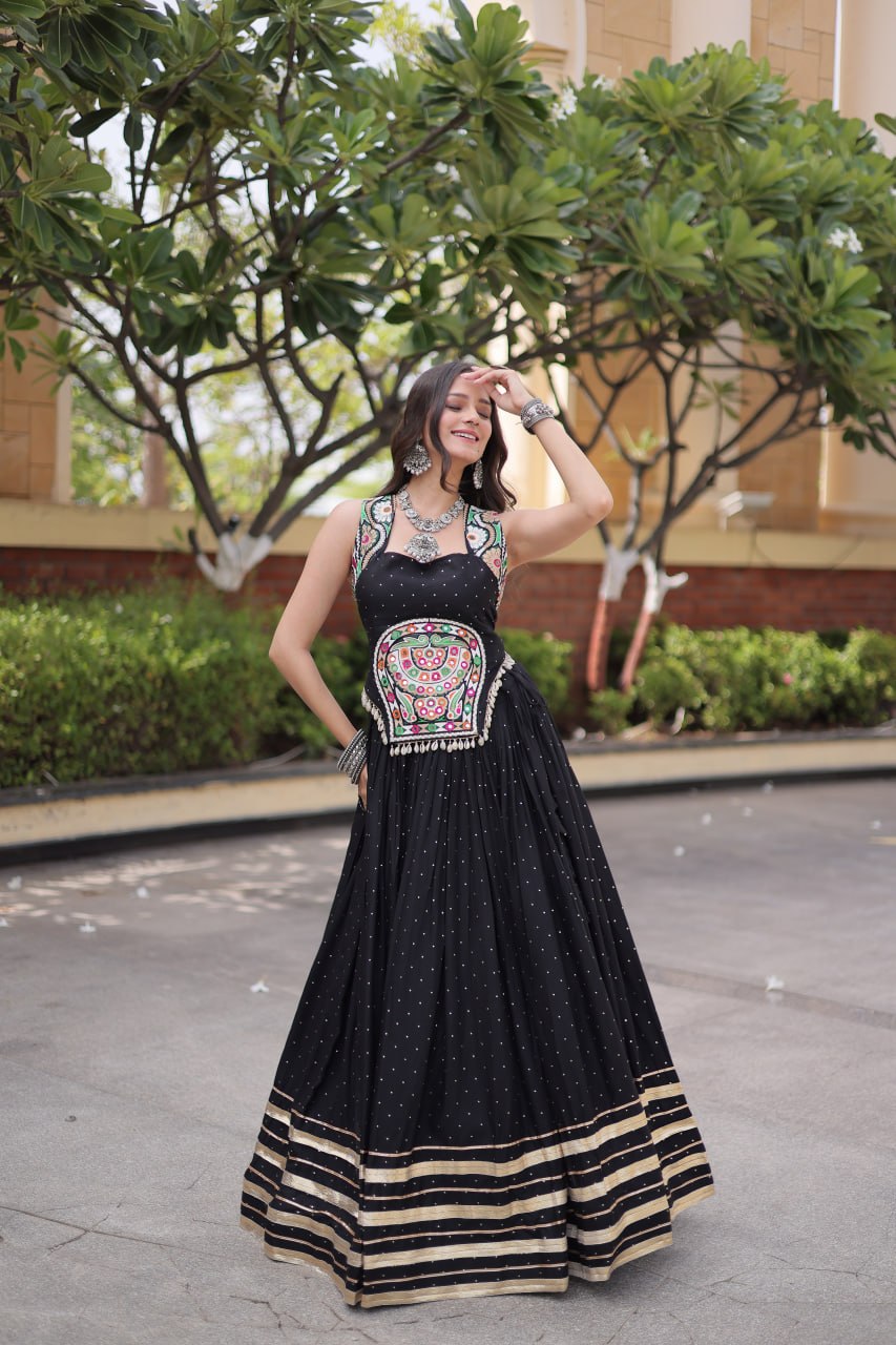 Women’s  Rayon Lehenga with Mukesh & Gamthi Mirror Work Blouse