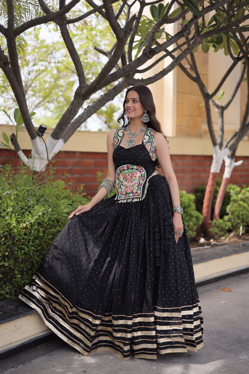 Women’s  Rayon Lehenga with Mukesh & Gamthi Mirror Work Blouse