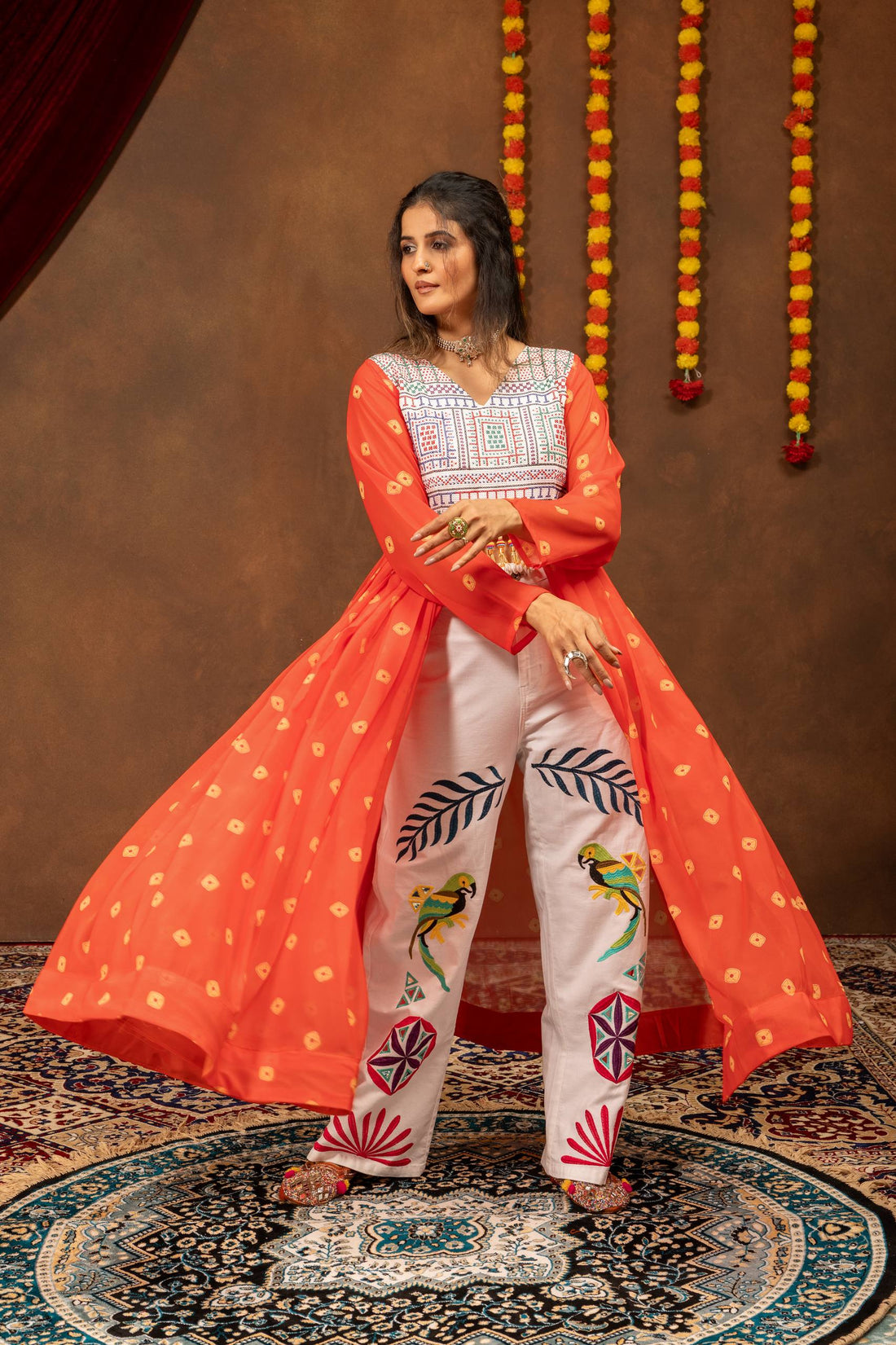 Women’s Printed Faux Georgette Shrug with Jute Embroidery & Mirror Work Denim Jeans