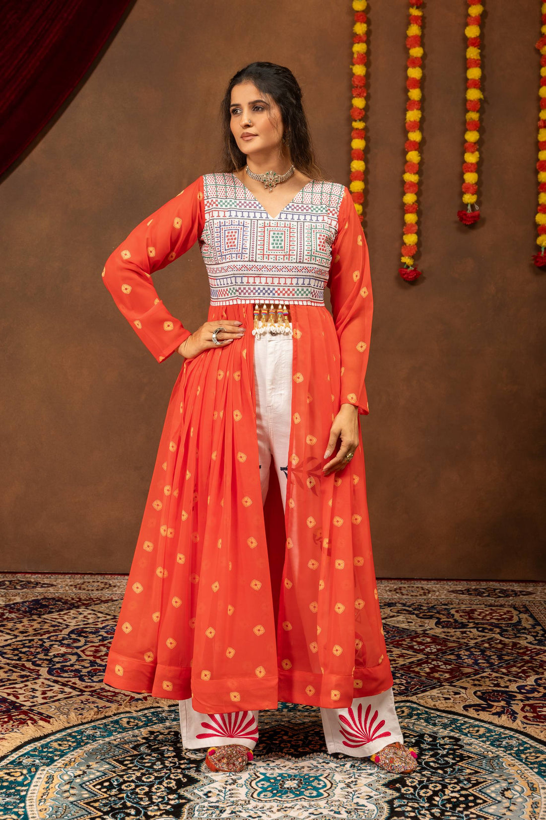 Women’s Printed Faux Georgette Shrug with Jute Embroidery & Mirror Work Denim Jeans