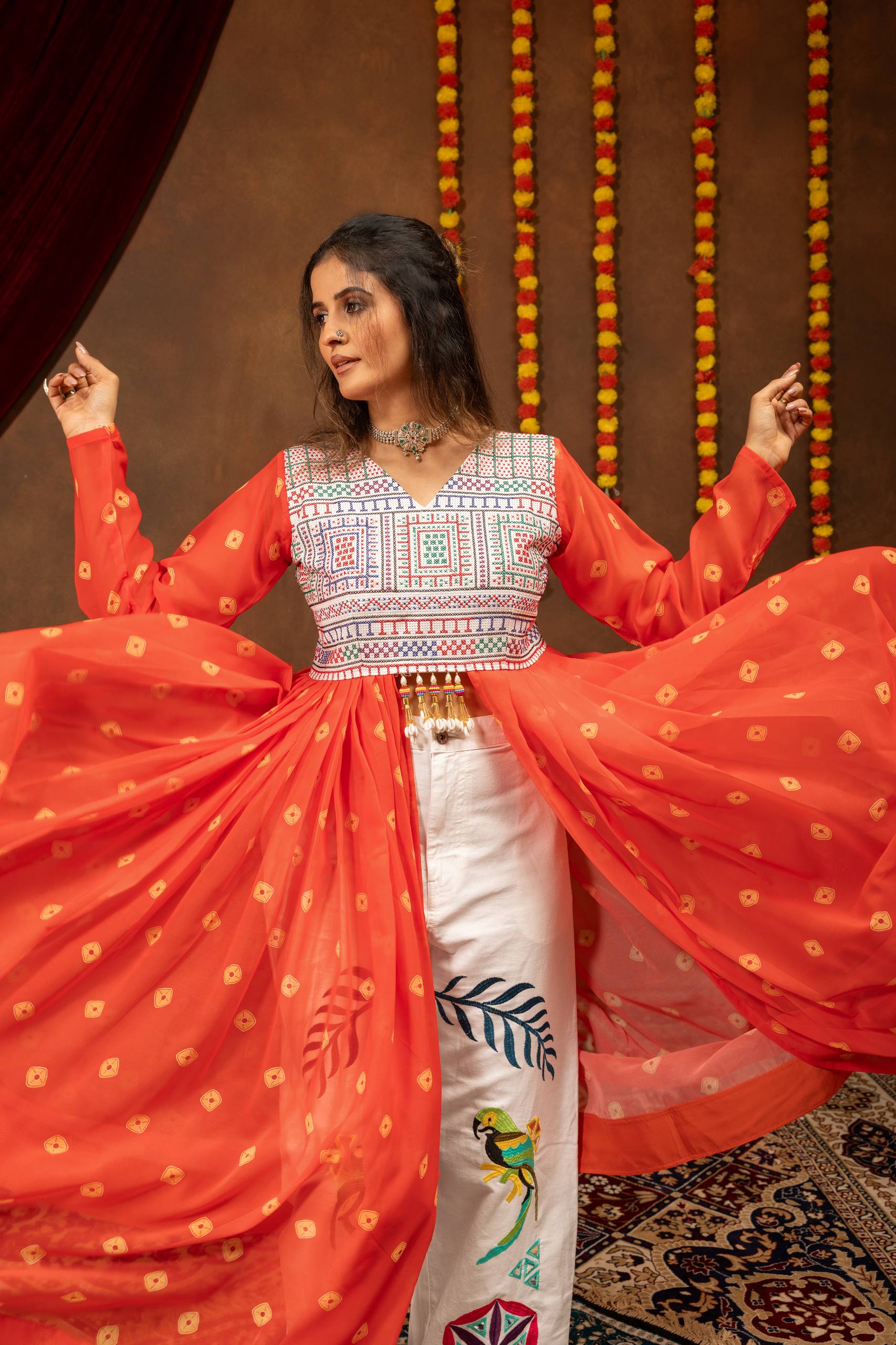 Women’s Printed Faux Georgette Shrug with Jute Embroidery & Mirror Work Denim Jeans
