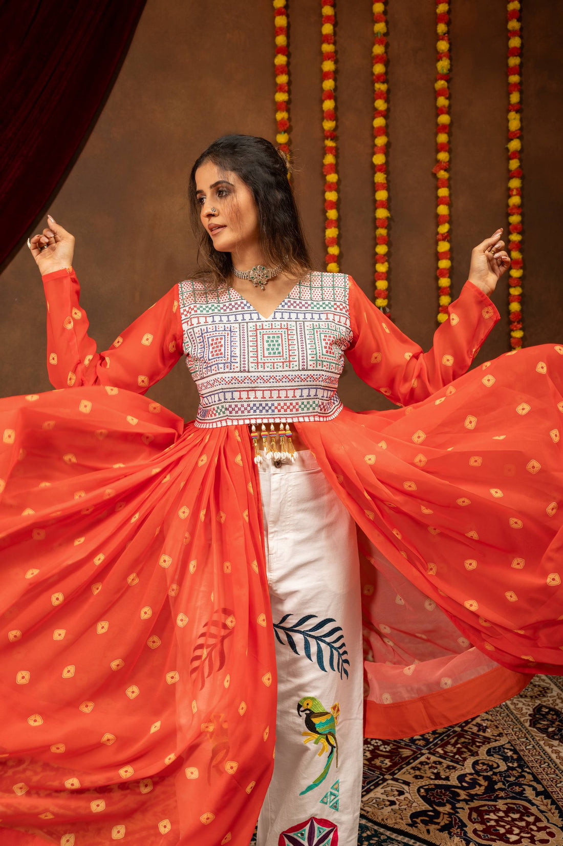 Women’s Printed Faux Georgette Shrug with Jute Embroidery & Mirror Work Denim Jeans