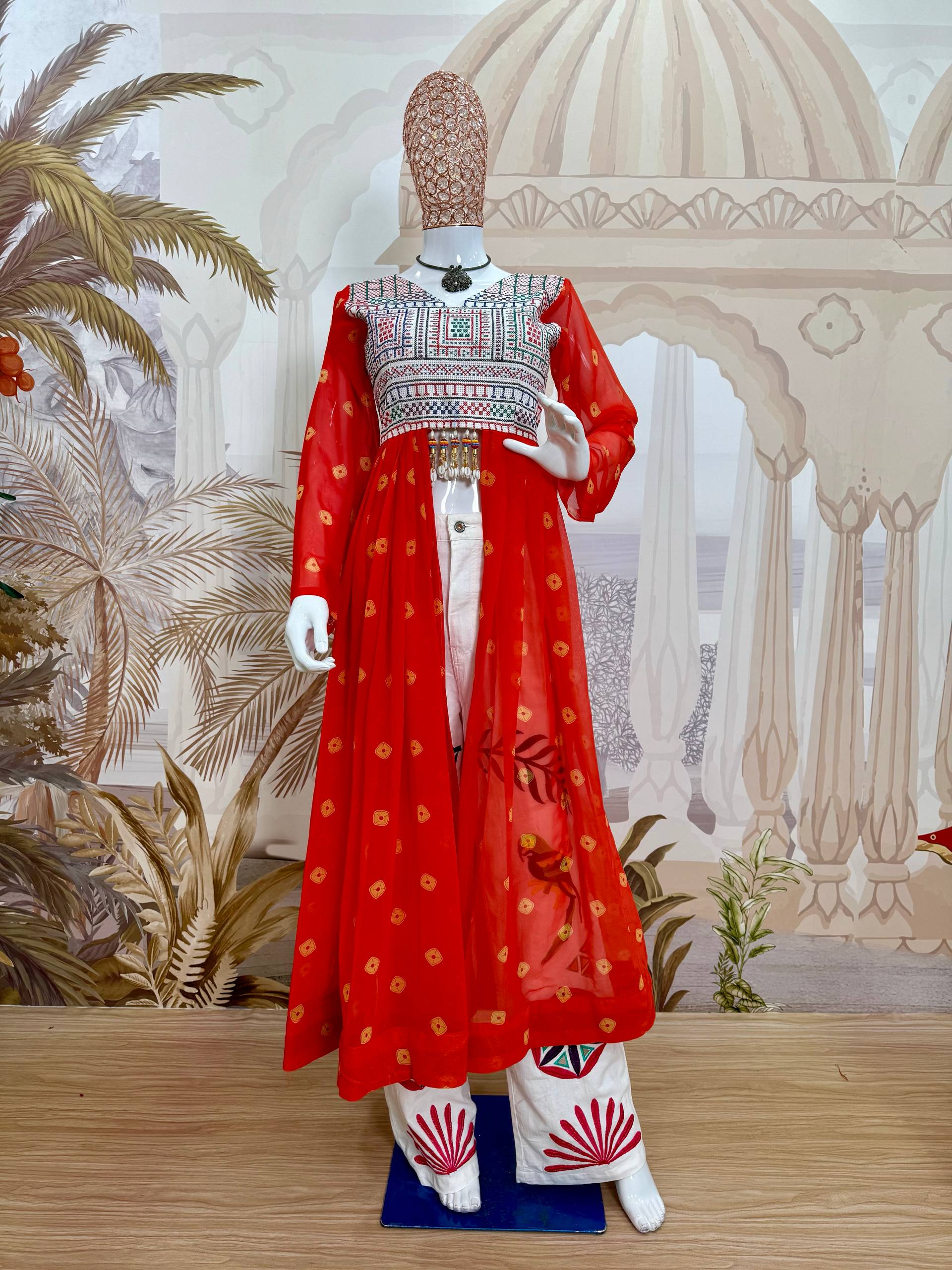 Women’s Printed Faux Georgette Shrug with Jute Embroidery & Mirror Work Denim Jeans