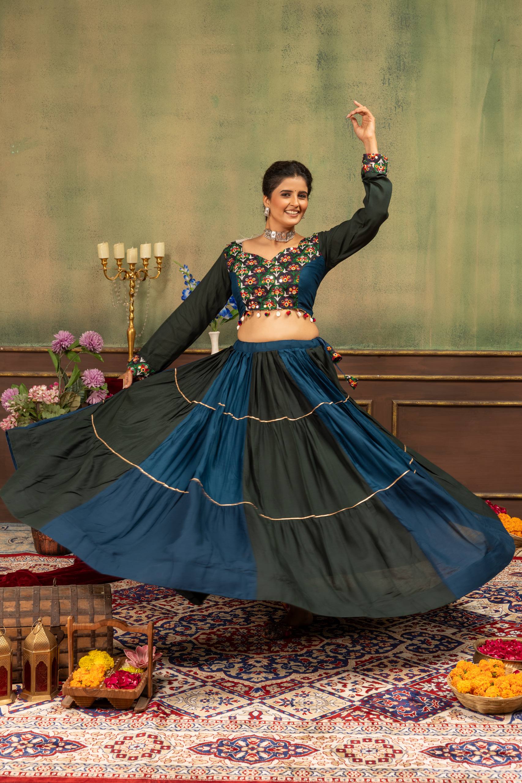 Women’s Pure Rayon Ruffle Lehenga with Gota Lace & Real Mirror Work Blouse