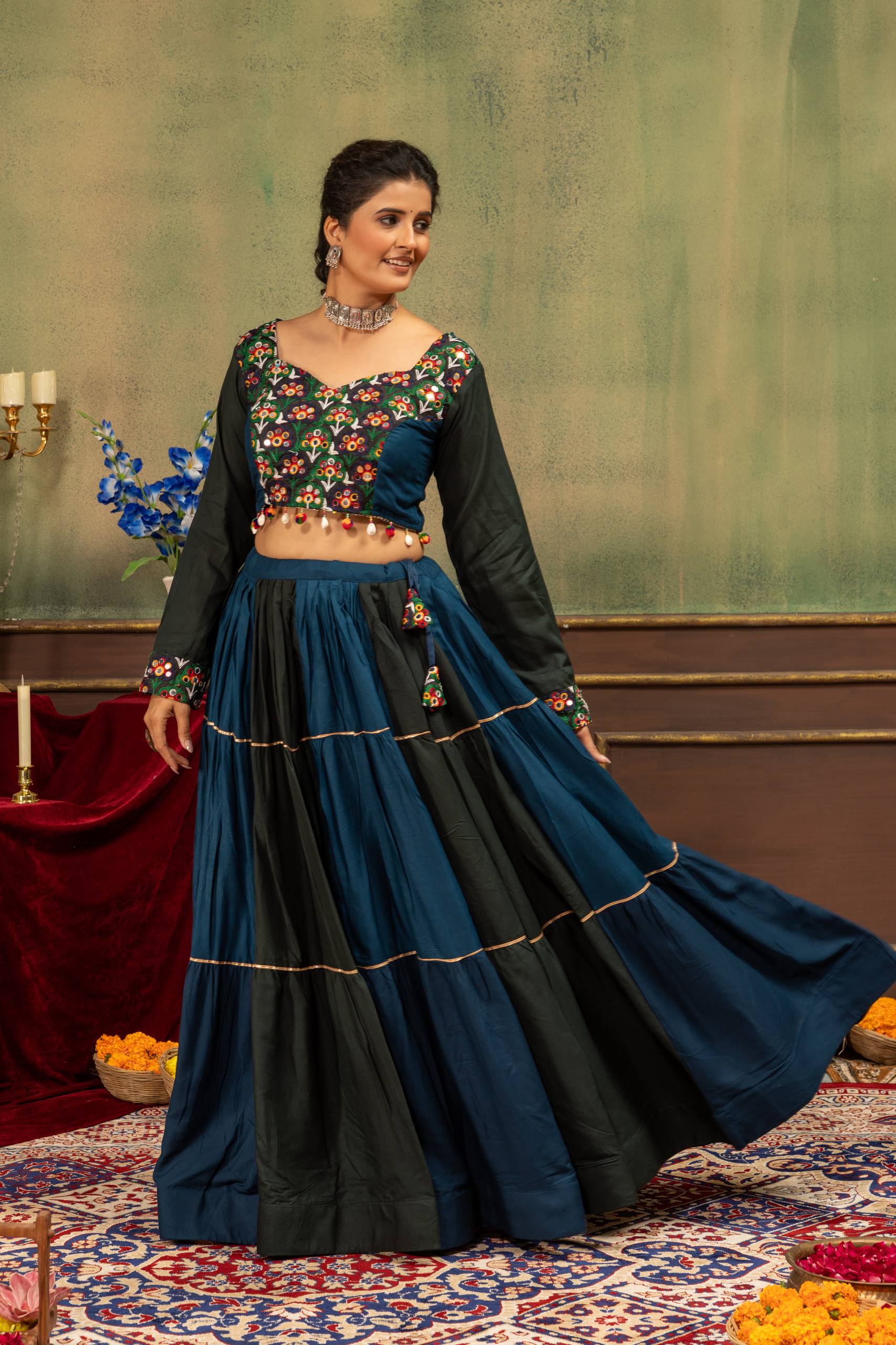 Women’s Pure Rayon Ruffle Lehenga with Gota Lace & Real Mirror Work Blouse