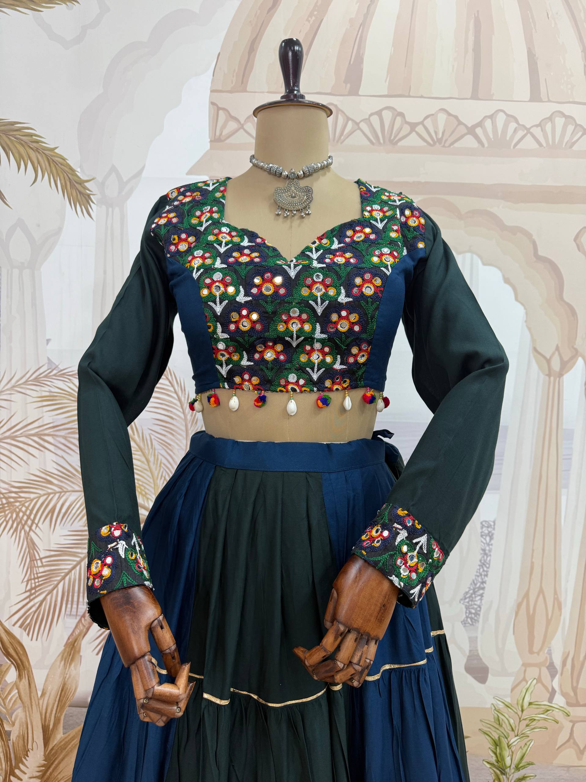 Women’s Pure Rayon Ruffle Lehenga with Gota Lace & Real Mirror Work Blouse